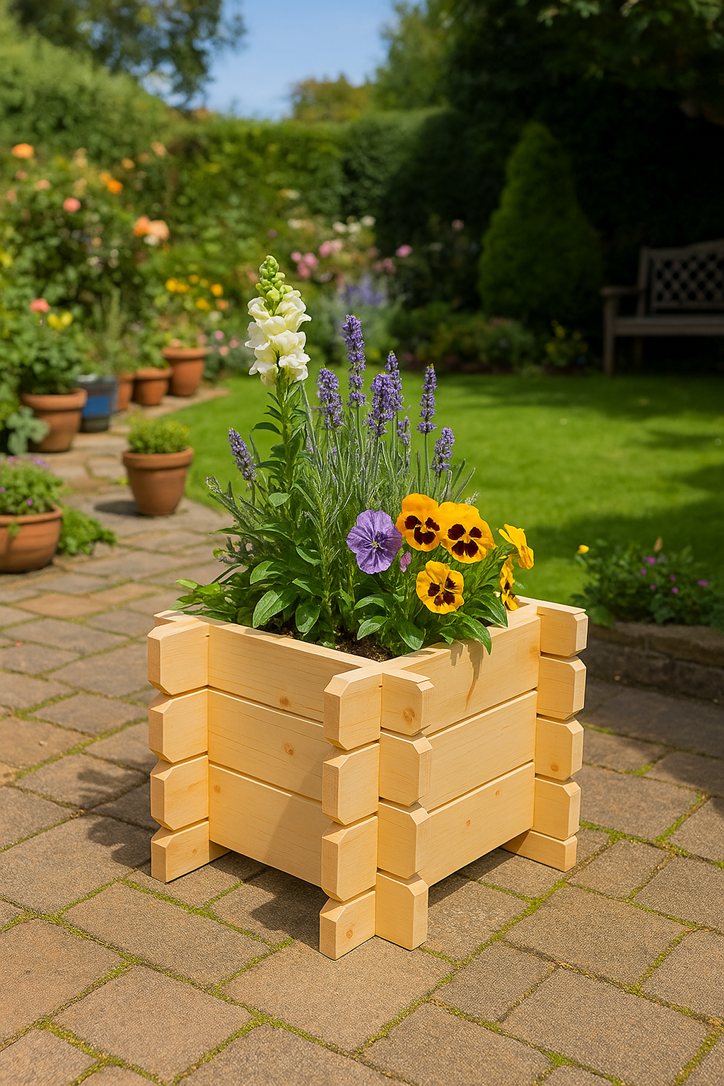 Gardenview wooden planter box with interlocking log walls, filled with flowers on patio in garden setting