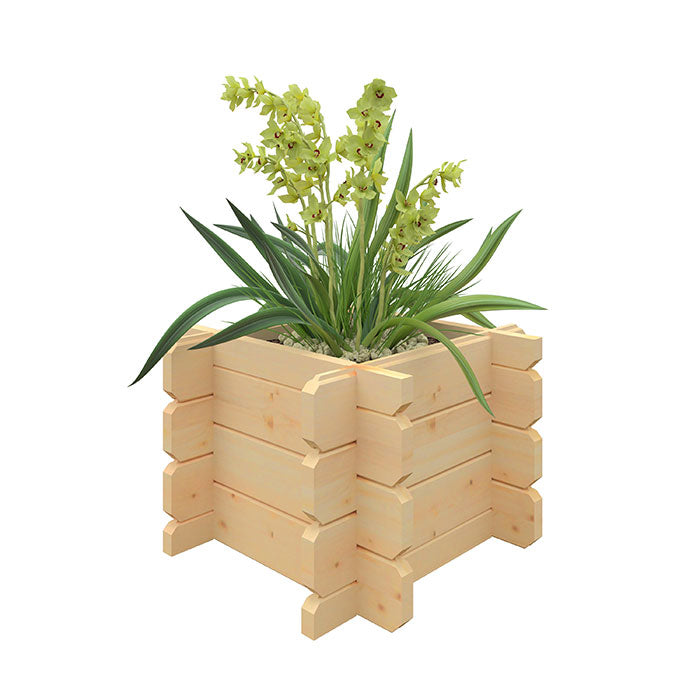 Gardenview wooden planter box with interlocking log walls and single plant on white background