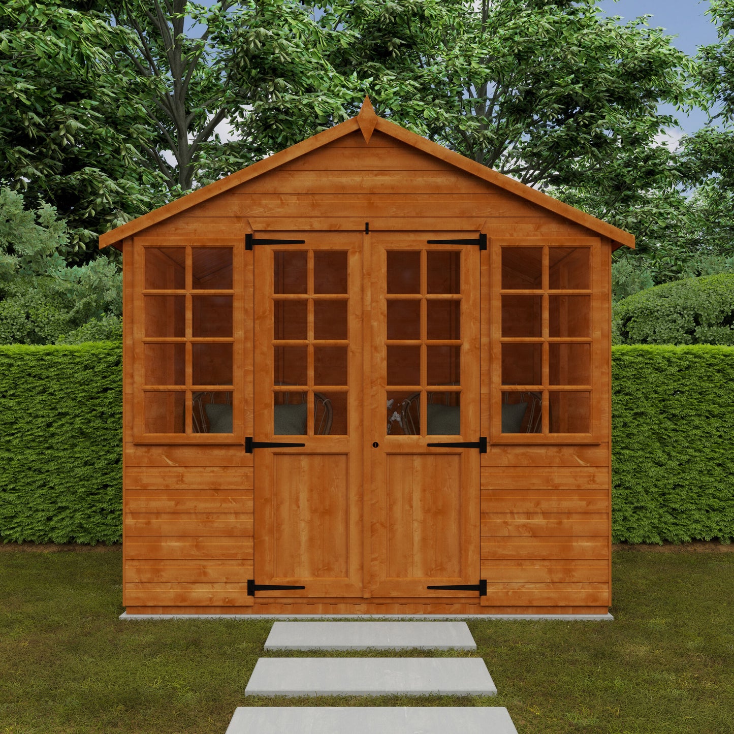 Georgian Garden Room wooden summerhouse with half-glazed double doors, matching windows, and shiplap cladding in garden setting