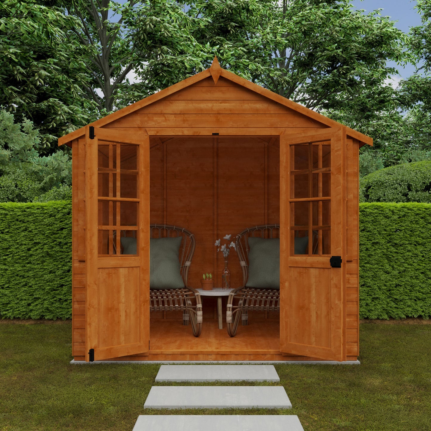 Georgian Garden Room wooden summerhouse with half-glazed double doors, matching windows, and shiplap cladding in garden setting with open doors