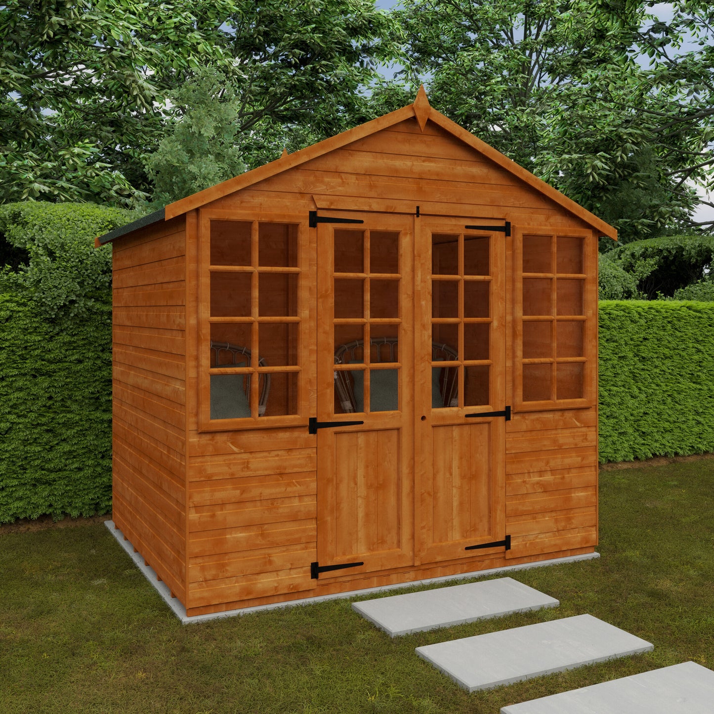 Georgian Garden Room wooden summerhouse with half-glazed double doors, matching windows, and shiplap cladding in garden setting
