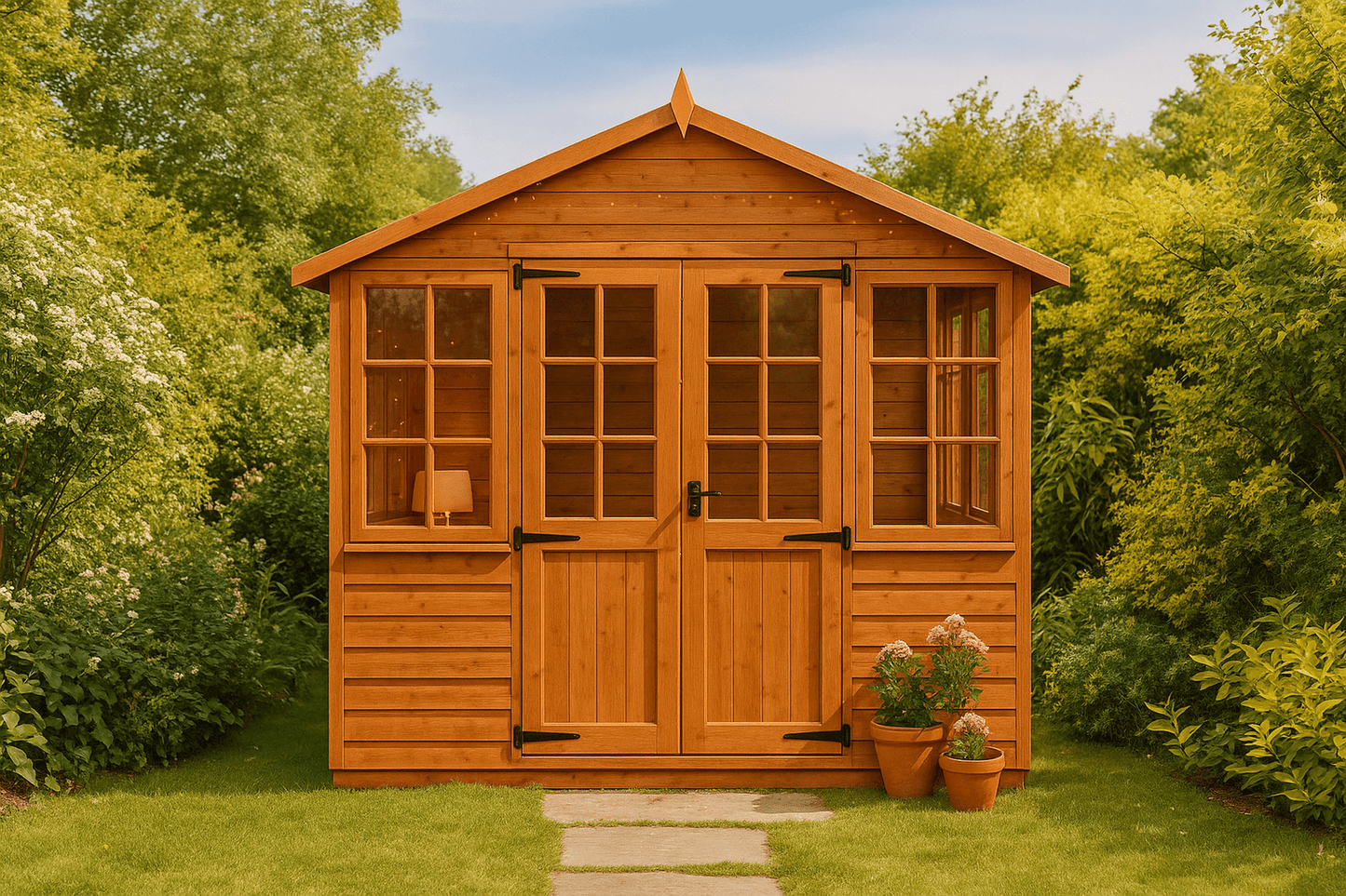Georgian Garden Room wooden summerhouse with half-glazed double doors, matching windows, and shiplap cladding in garden setting