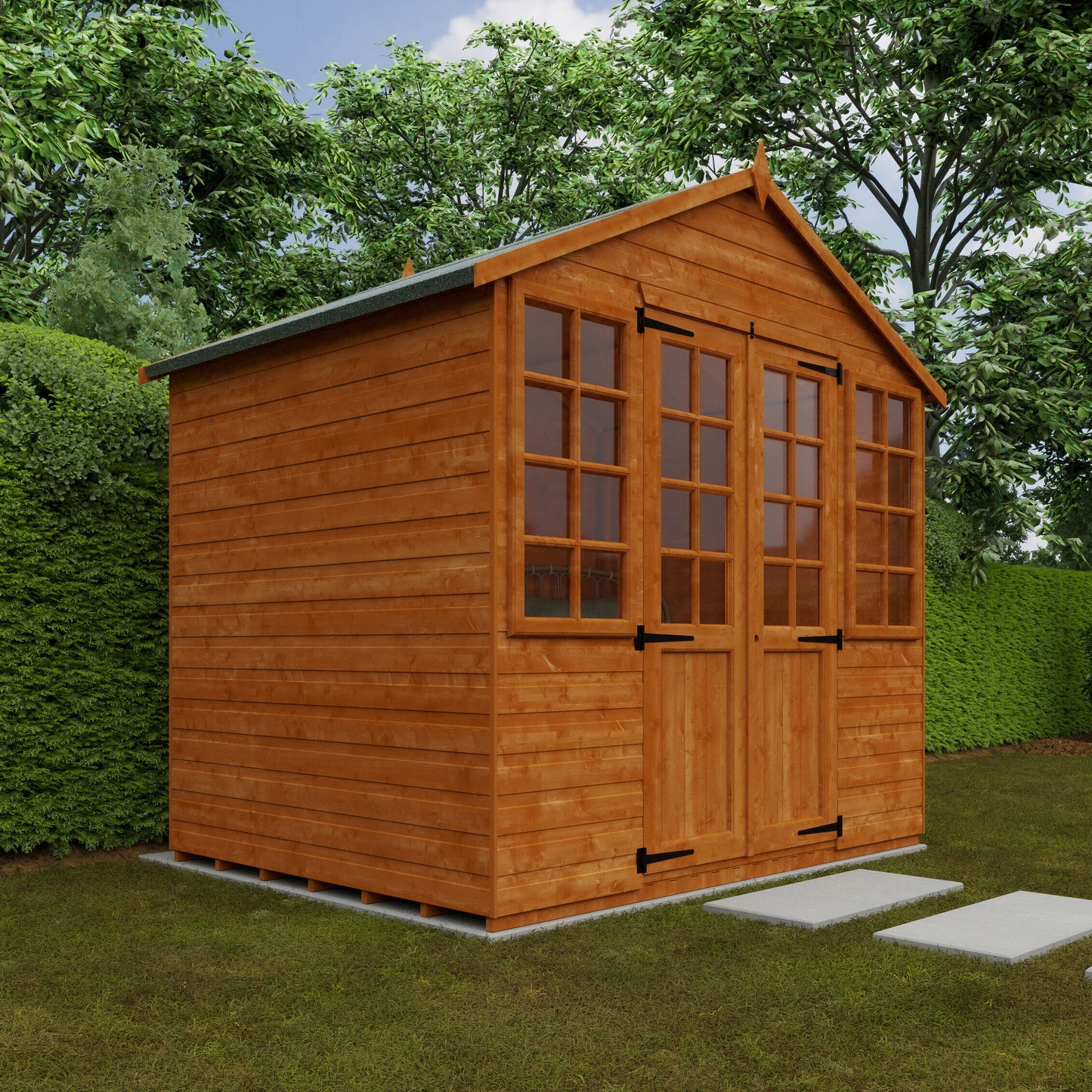Georgian Garden Room wooden summerhouse with half-glazed double doors, matching windows, and shiplap cladding in garden setting