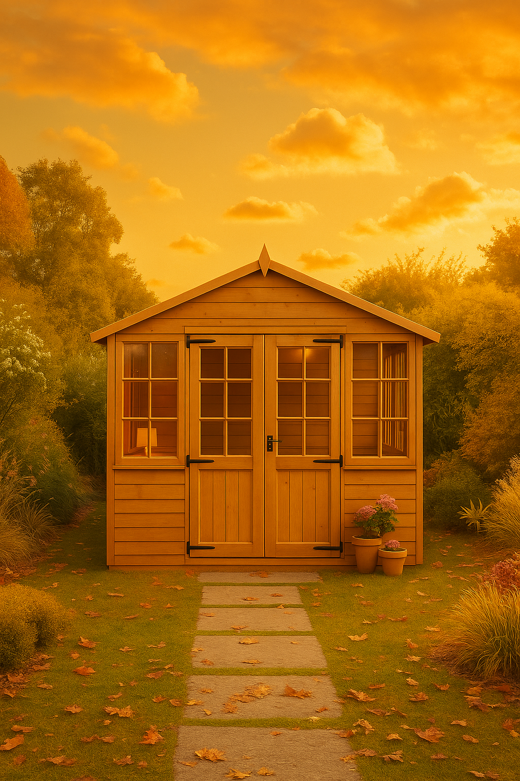 Georgian Garden Room wooden summerhouse with half-glazed double doors, matching windows, and shiplap cladding in Autumn garden setting