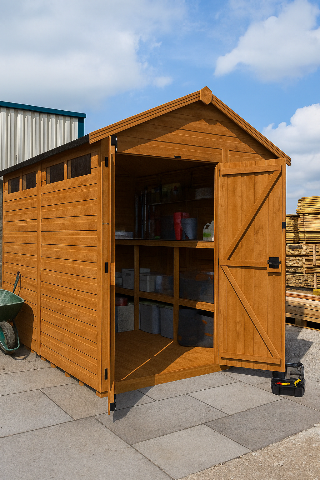 Guardian wooden garden shed with open door, security slit windows, shiplap tongue-and-groove cladding, and black felt roof on patio area
