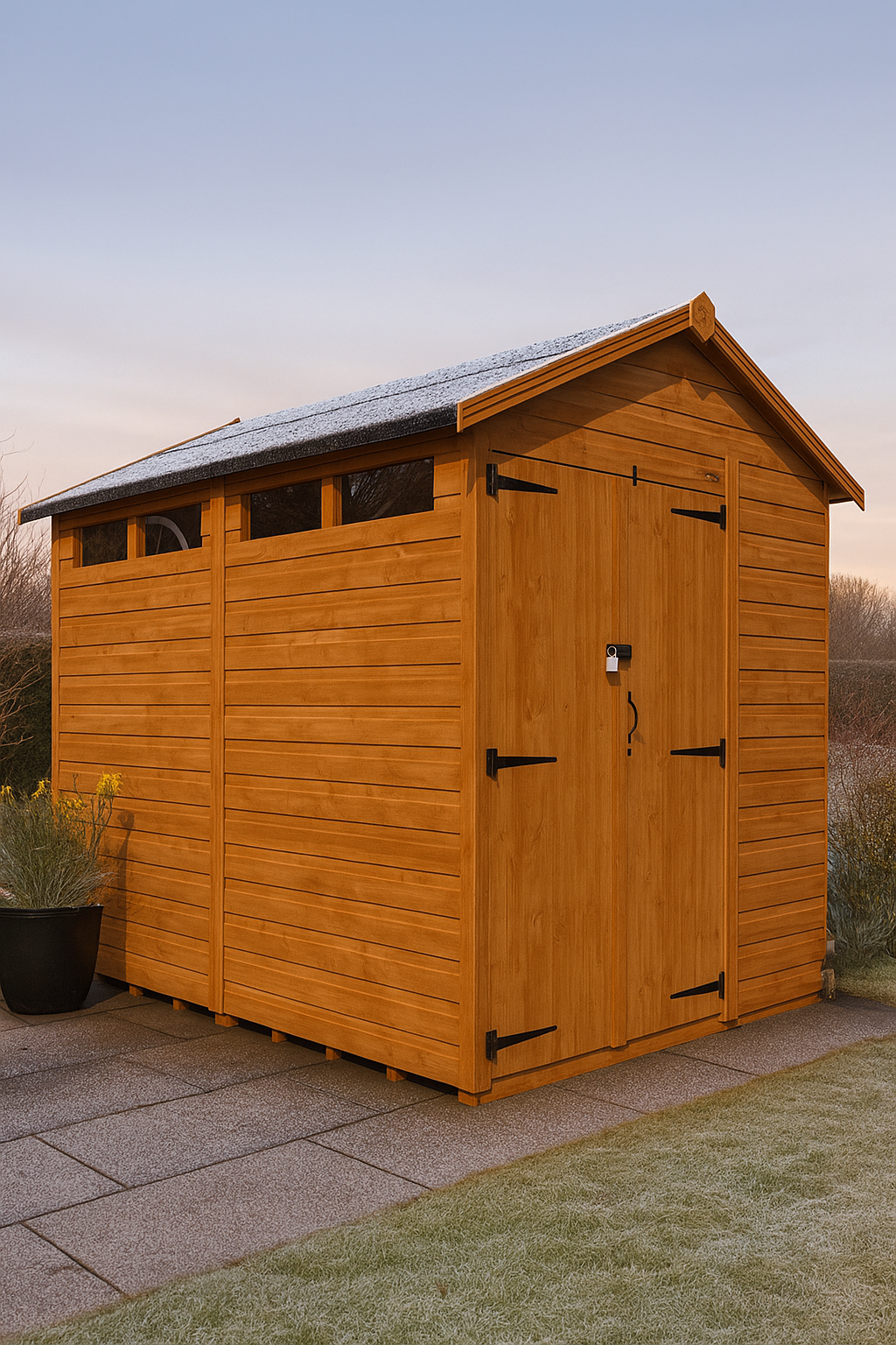 Guardian wooden garden shed with tiled roof, shiplap tongue-and-groove cladding, on paved area with grass and clear frosty sky
