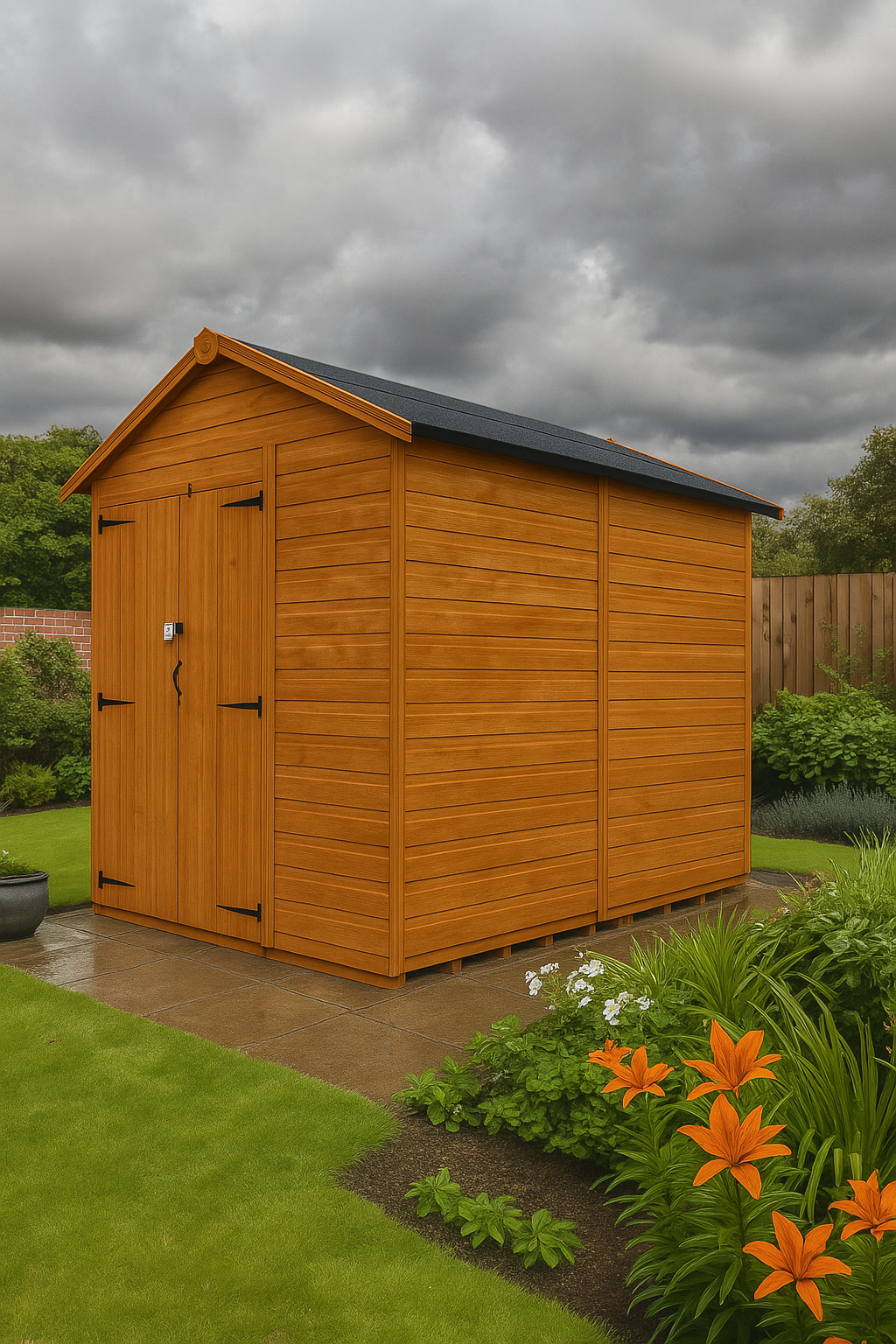 Guardian wooden garden shed with double doors, security slit windows, shiplap tongue-and-groove cladding, and black felt roof under a story sky in the yard