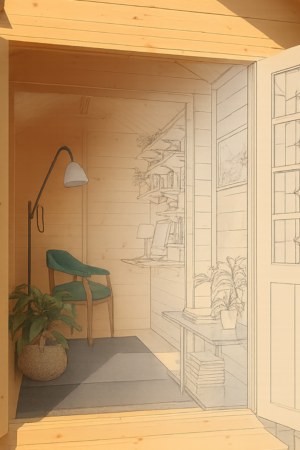 Hawkhurst wooden garden cabin interior with chair, shelves, and plants