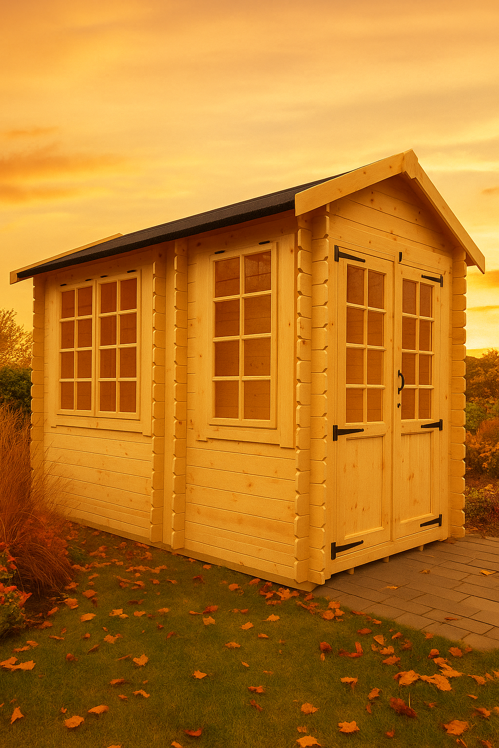 Hawkhurst wooden garden cabin with half-glazed Georgian double doors, portrait windows, and black felt roof under sunset sky