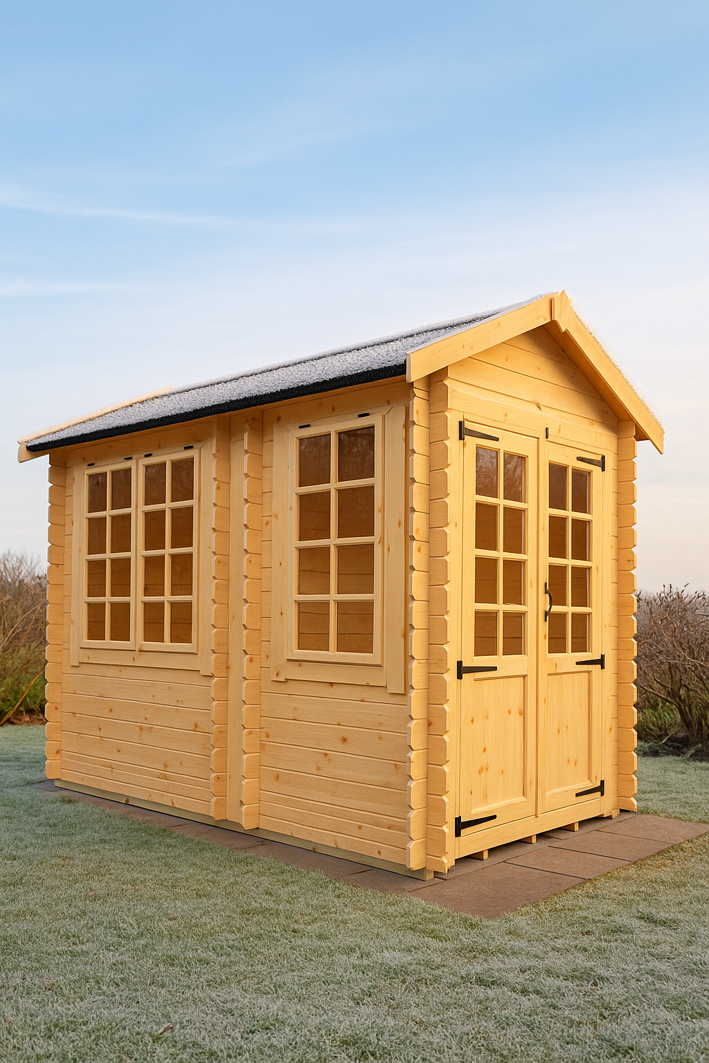 Hawkhurst wooden garden cabin with half-glazed Georgian double doors, portrait windows, and black felt roof on grassy area under clear sky