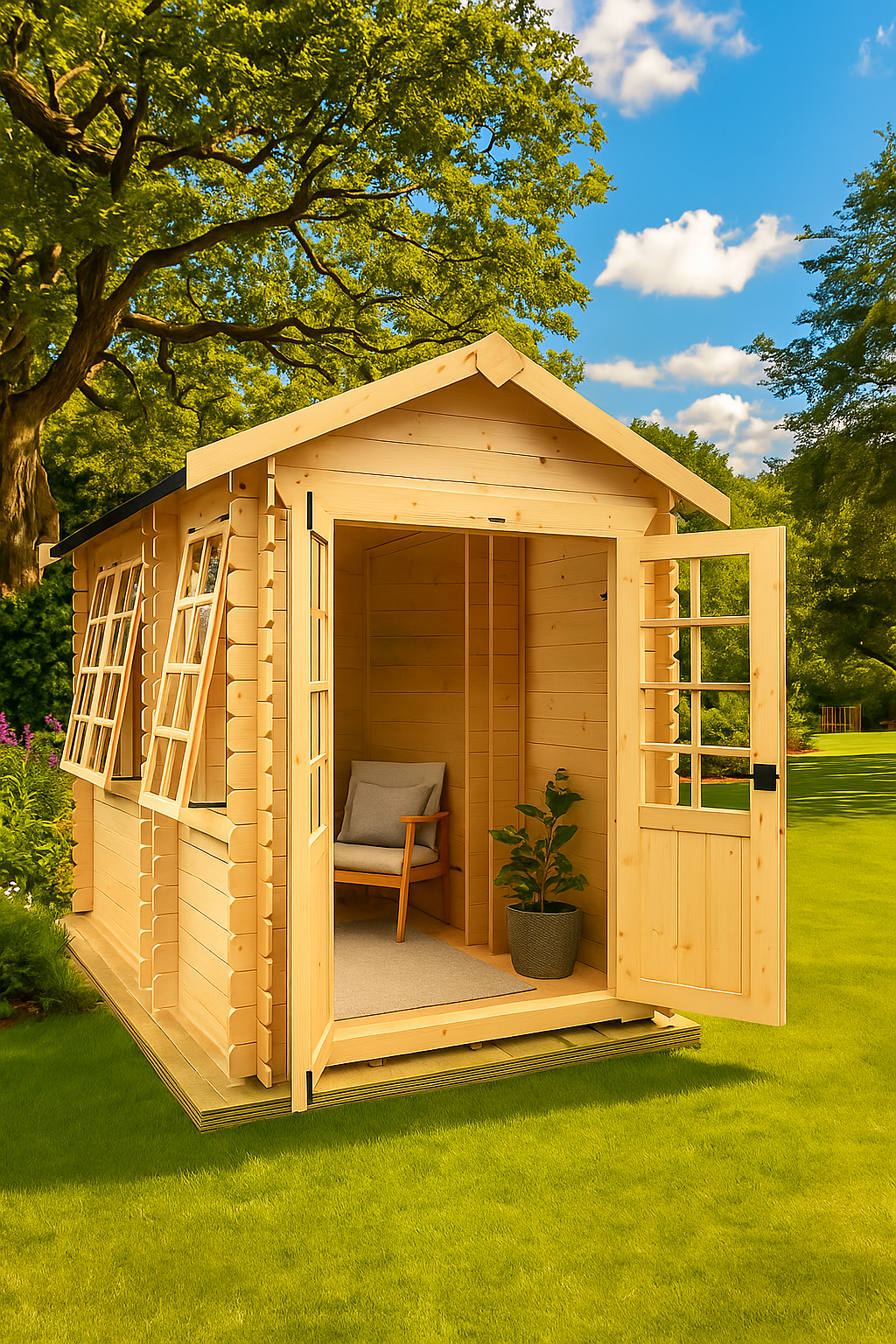 Hawkhurst wooden garden cabin with half-glazed Georgian double doors, portrait windows, and open doors in garden setting