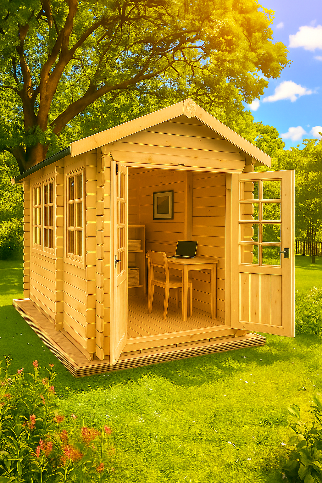 Hawkhurst wooden garden cabin with half-glazed Georgian double doors, portrait windows, open door showing small interior with furniture and laptop