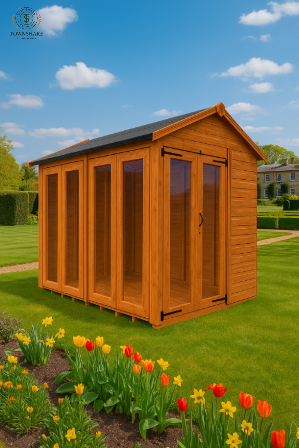 The Hawthorne Summerhouse with double glass doors, shiplap tongue-and-groove cladding, and black felt roof beside spring flowers