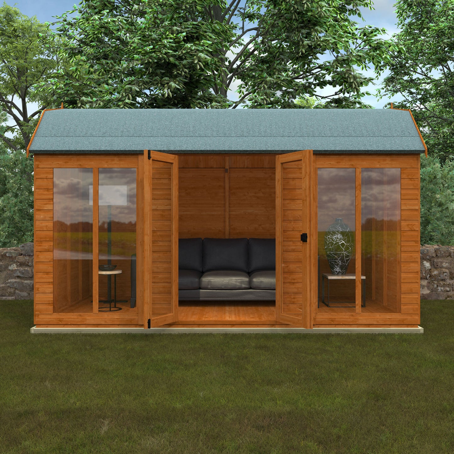 Hayloft Retreat wooden garden building with barn-style roof and sofa inside, surrounded by trees and grass