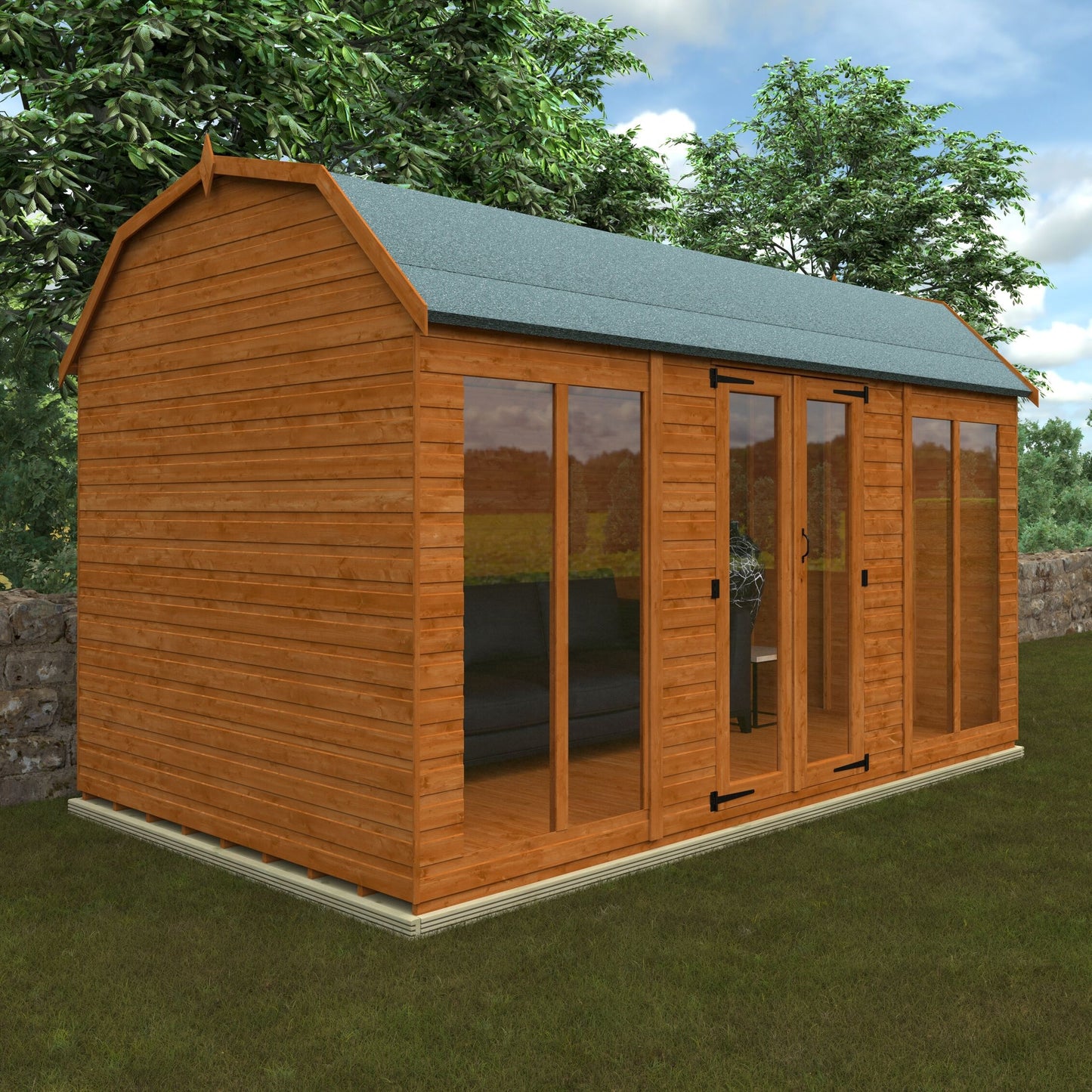 Hayloft Retreat wooden garden building with barn-style roof, glass doors, and tall windows in garden setting
