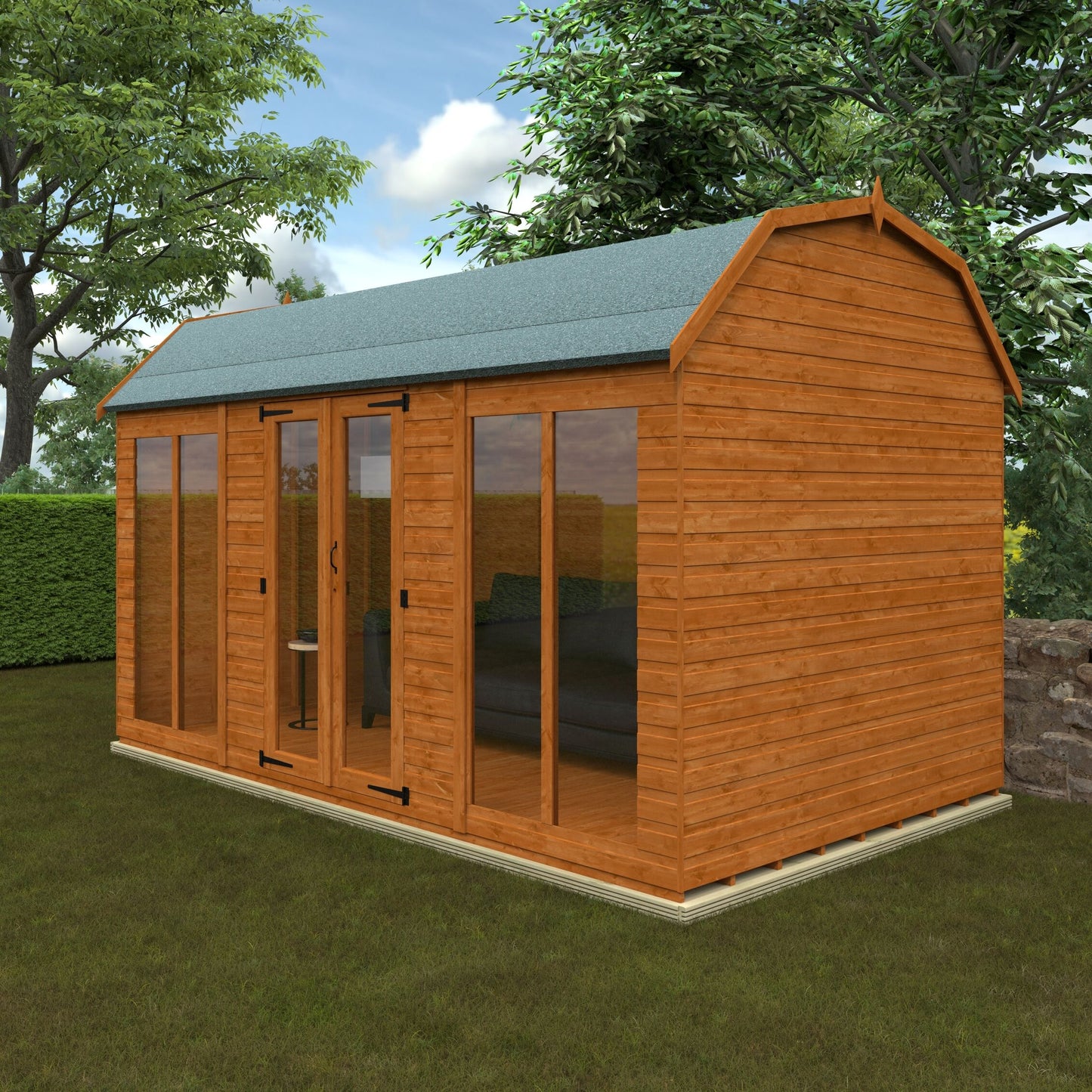 Hayloft Retreat wooden garden building with barn-style roof, glass doors, and tall windows in garden setting