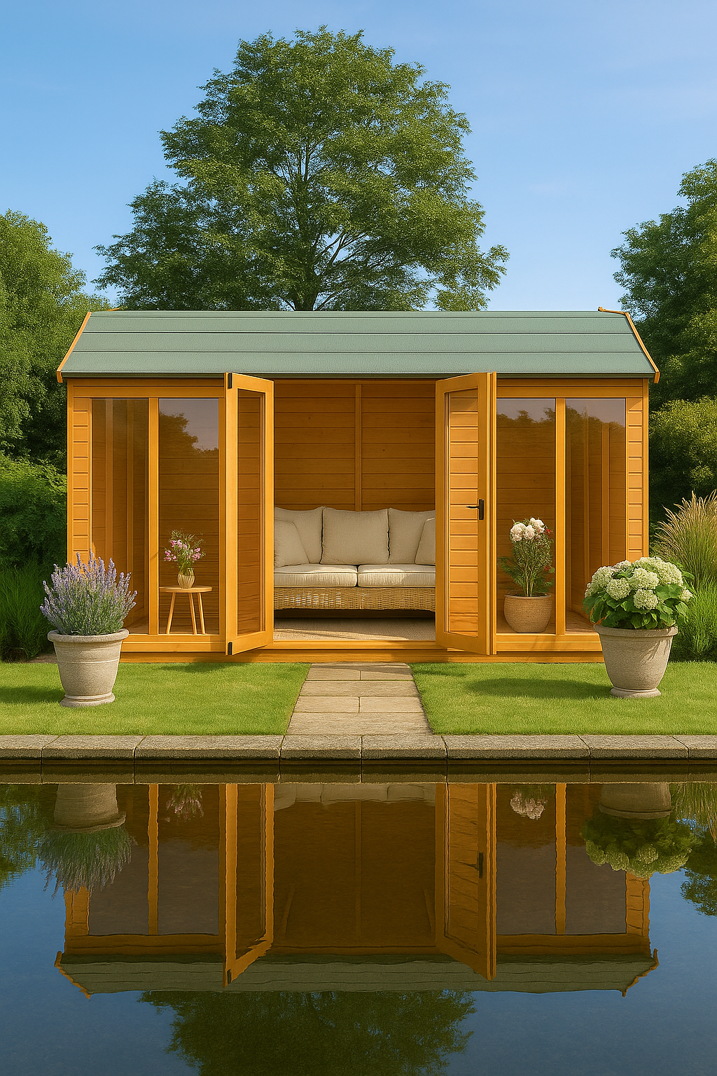 Hayloft Retreat wooden garden building with barn-style roof, full-pane glass doors, green roof, surrounded by trees and plants reflecting in calm pond