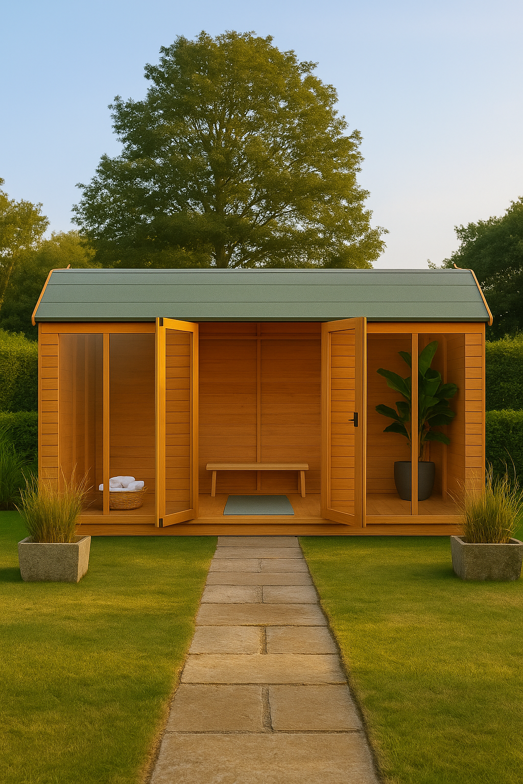 Hayloft Retreat wooden garden building with barn-style design, full-pane glass doors, and green roof in grassy area with trees