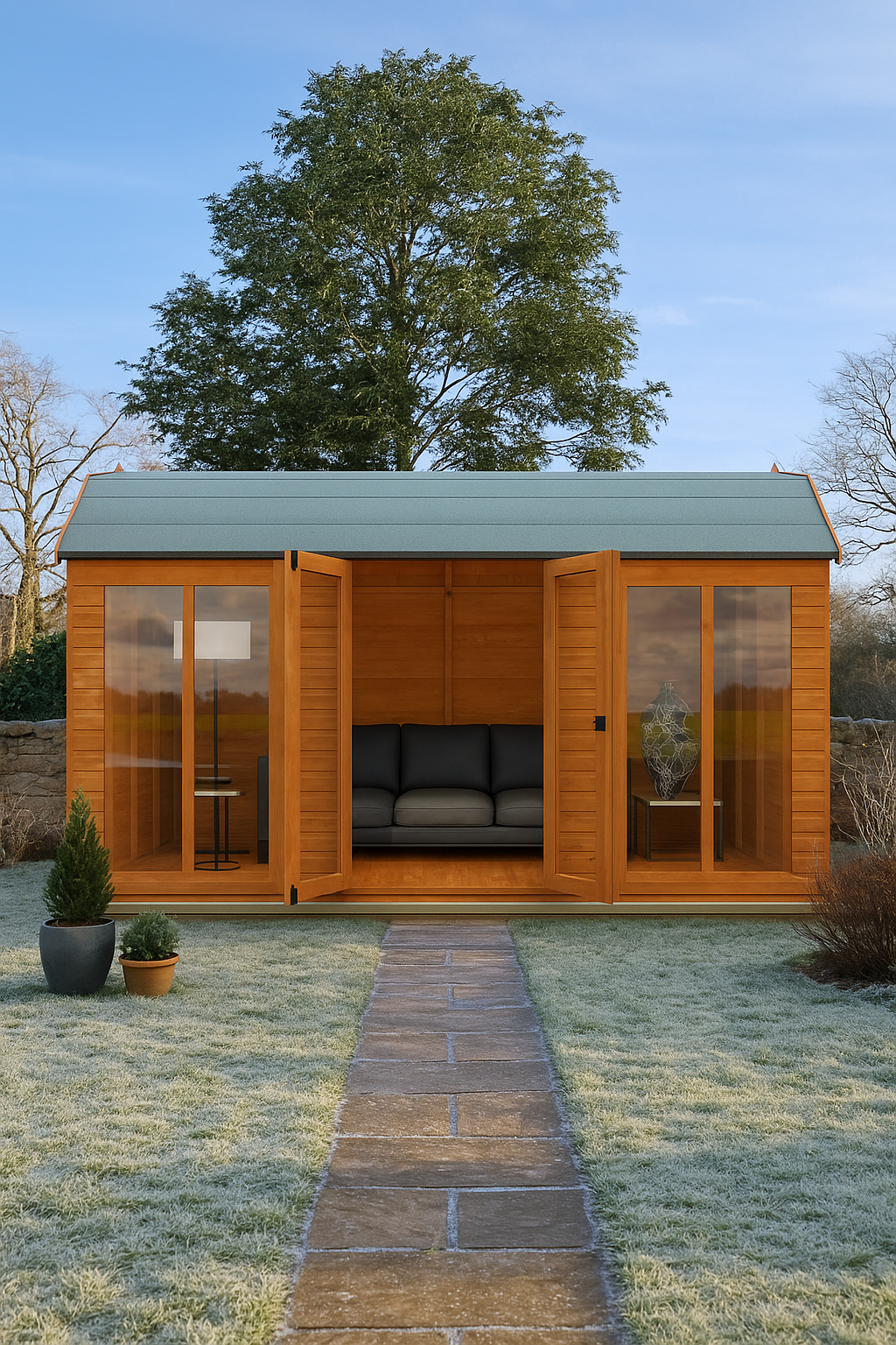 Hayloft Retreat wooden garden building with barn-style roof, full-pane doors, and tall windows on frosty day