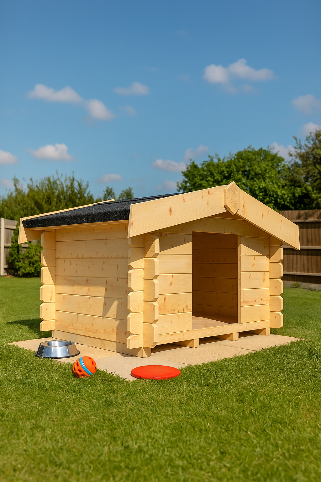 Hearthside wooden dog lodge with interlocking log walls, tongue-and-groove roof, black felt covering, on green grass with blue sky in background