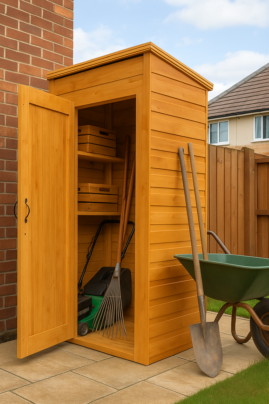 Highgate wooden garden tool room with shiplap tongue-and-groove cladding, black felt roof, tools, and wheelbarrow outdoors