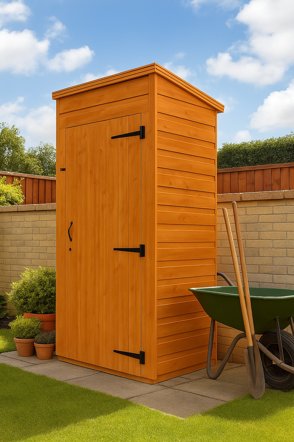 Highgate wooden garden tool room with shiplap tongue-and-groove cladding, black felt roof, wheelbarrow, and gardening tools on sunny day