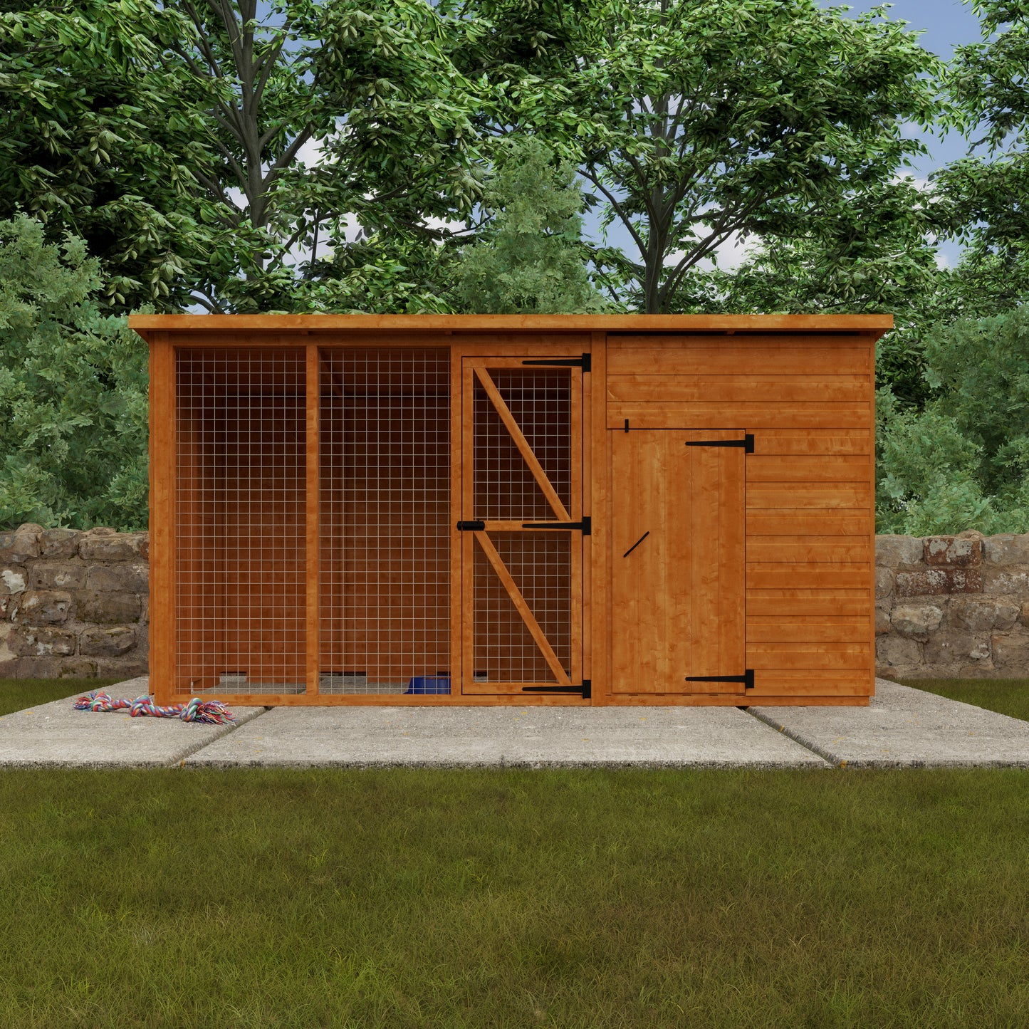 Homestead wooden pet shelter with enclosed house and outdoor run on a grassy area.