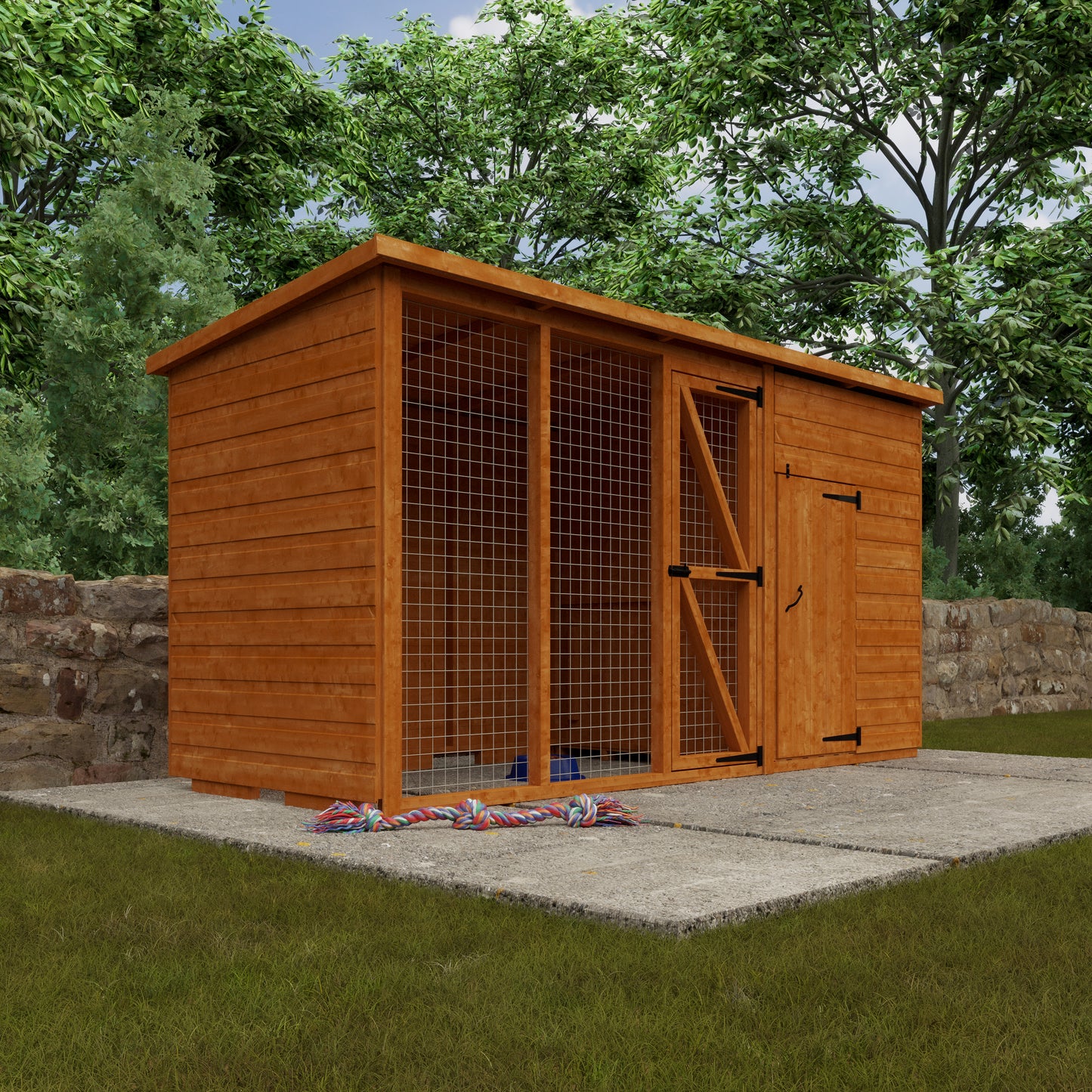 Homestead wooden pet shelter with enclosed house and outdoor run on grassy area