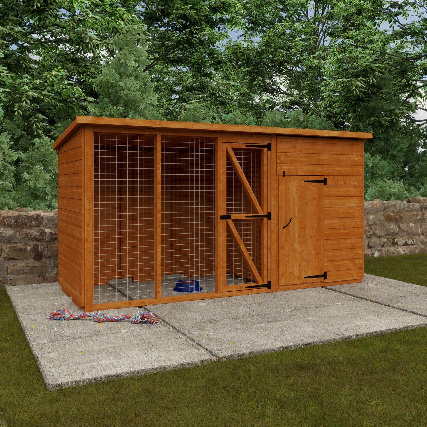 Homestead wooden pet shelter with enclosed house and outdoor run on grassy area