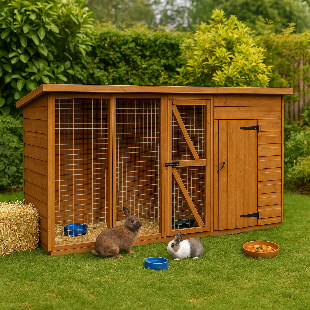 Homestead wooden pet shelter with enclosed house and outdoor run containing two rabbits on grassy area