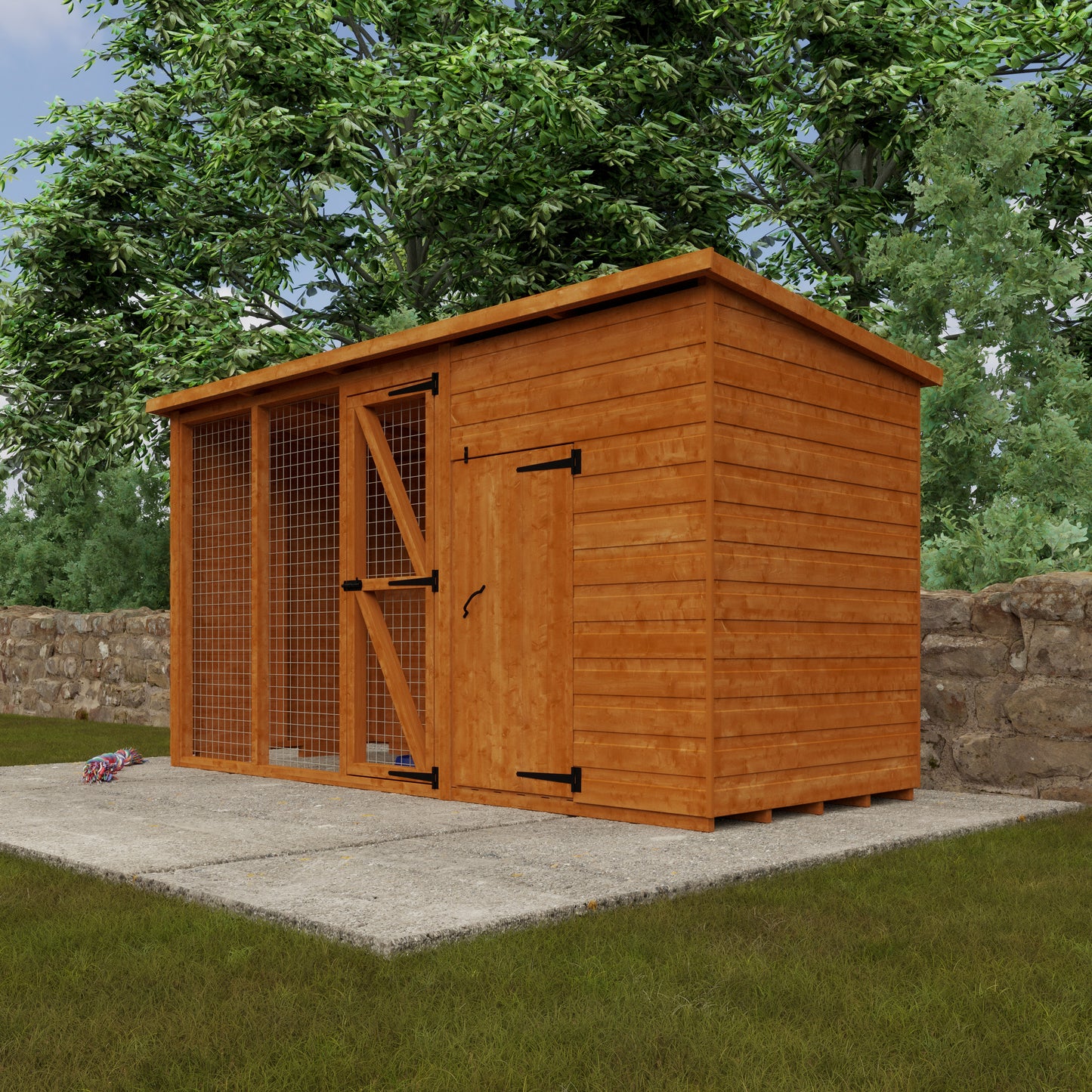 Homestead wooden pet shelter with enclosed house and outdoor run on grassy area