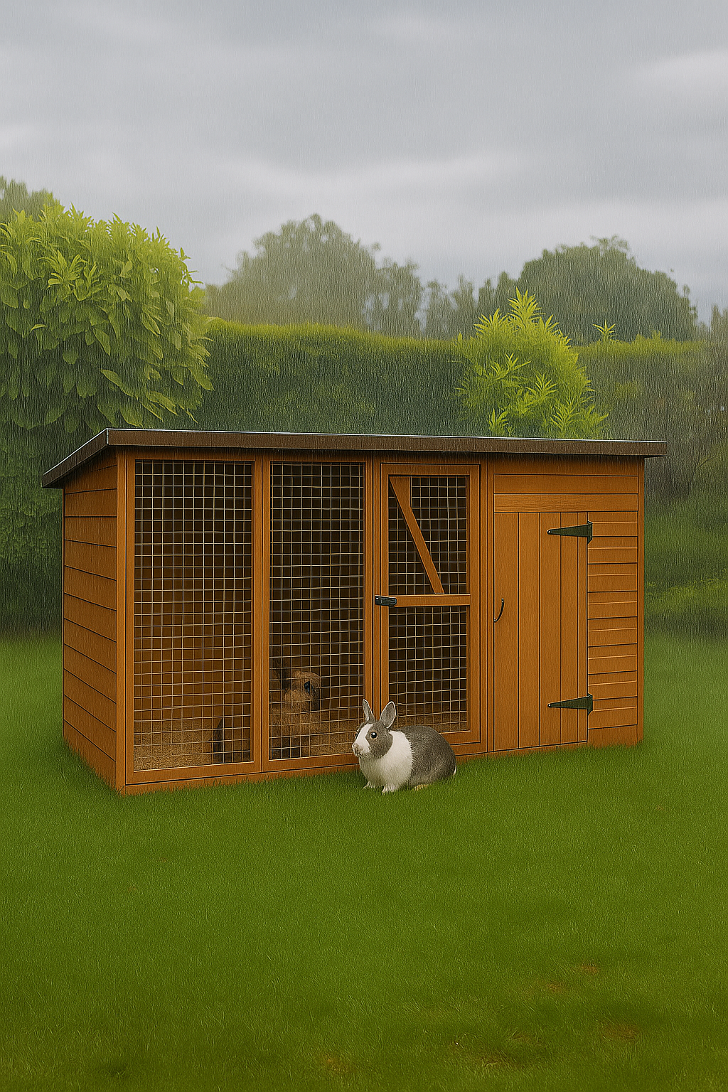 Homestead wooden pet shelter with enclosed house and outdoor run containing two rabbits on grassy area in the rain