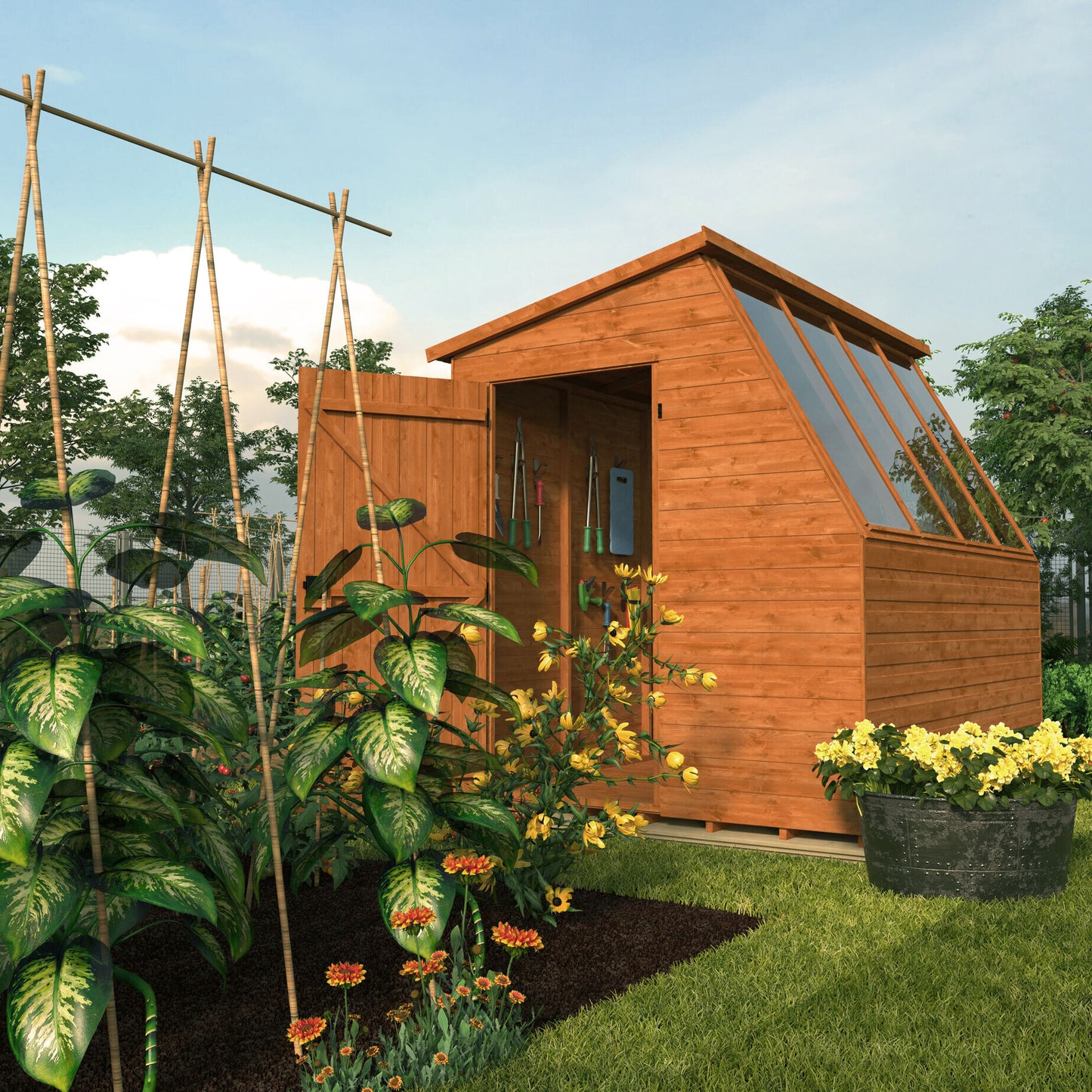 Jewel Shed wooden potting shed with glass panels surrounded by garden plants and flowers in backyard setting