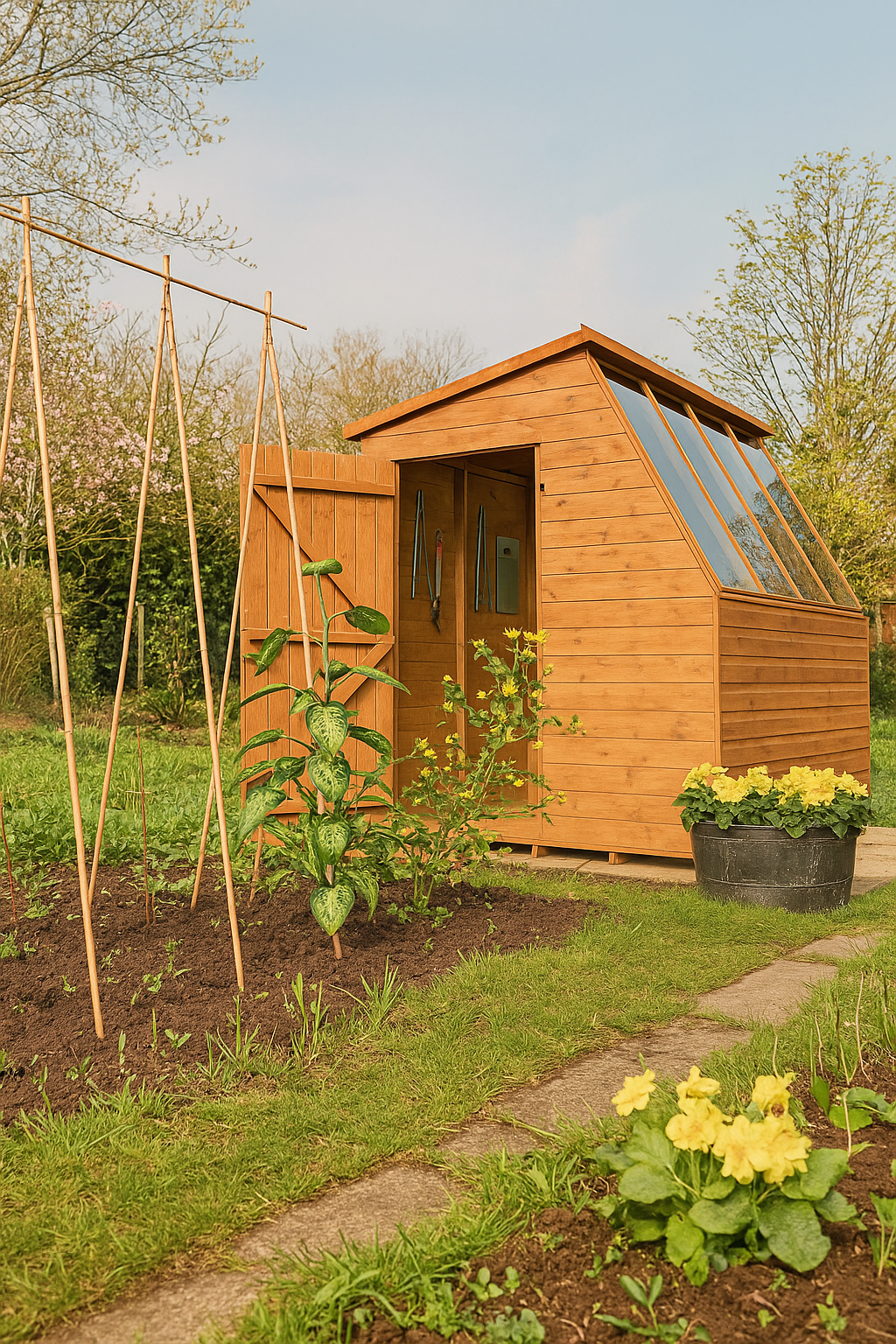 Jewel Shed wooden potting shed in the spring with glass panels surrounded by garden plants and flowers in backyard setting