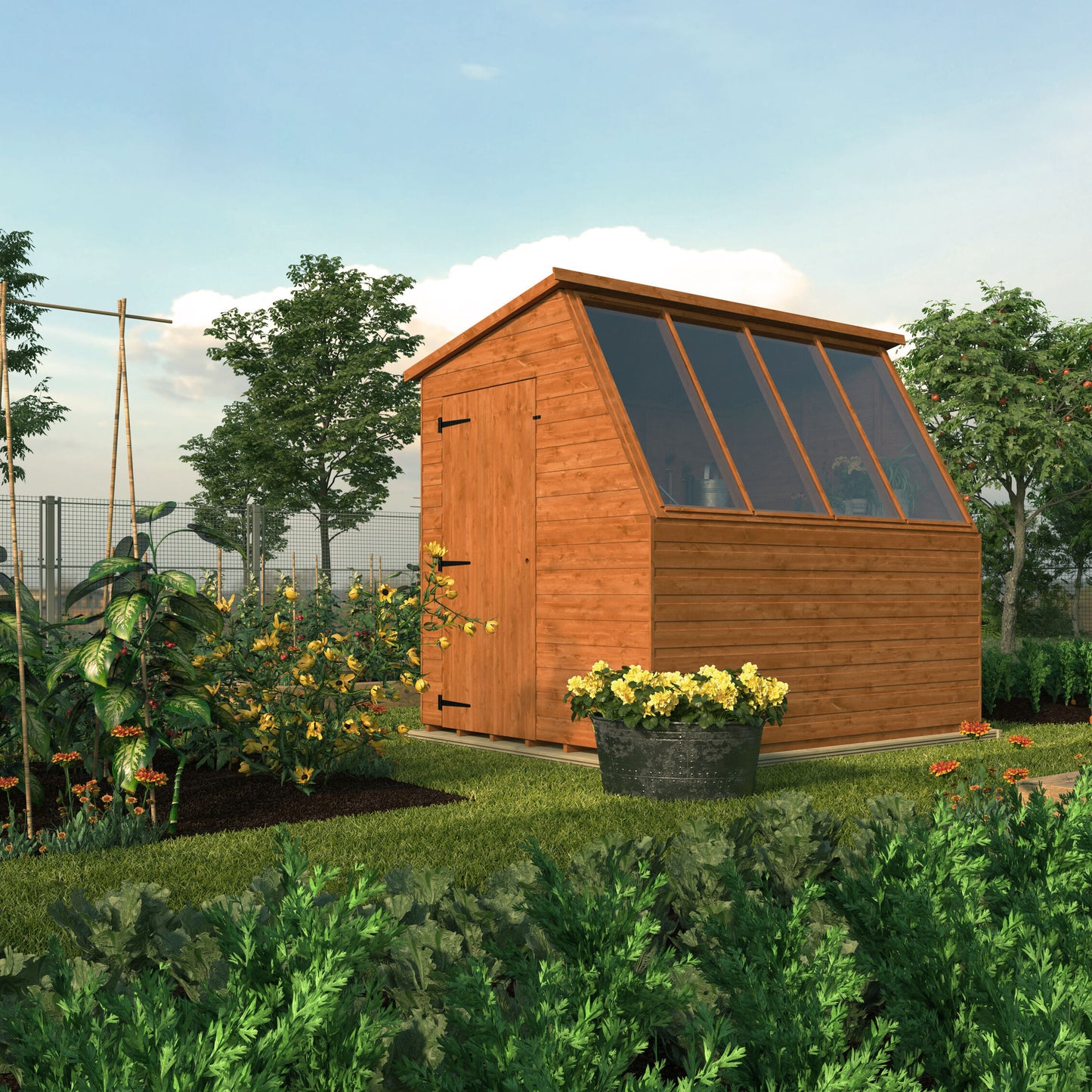 Jewel Shed wooden potting shed with glass panels surrounded by garden plants and flowers in backyard setting