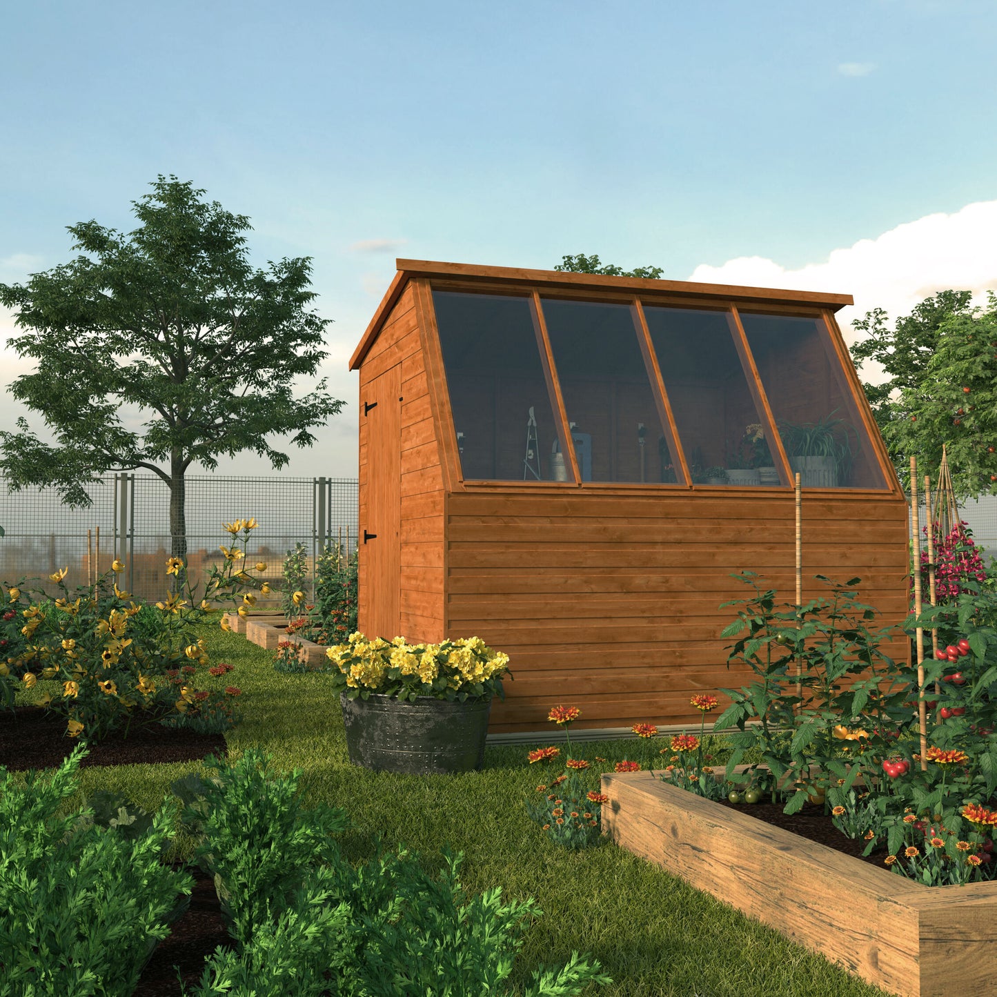 Jewel Shed wooden potting shed with glass panels surrounded by garden plants and flowers in backyard setting