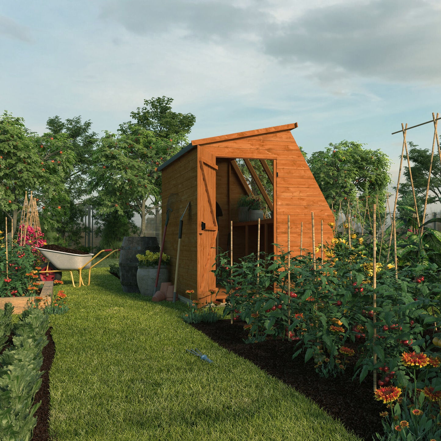 Jewel Shed wooden potting shed with glass panels in garden surrounded by greenery and tools