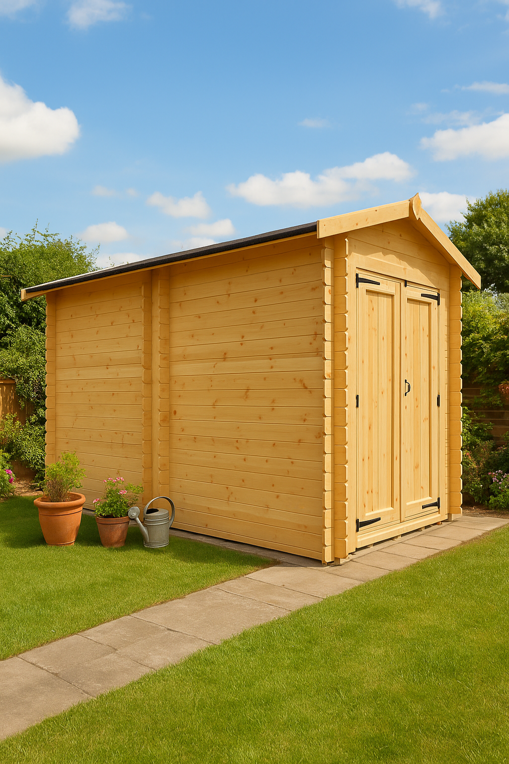 Kingswell wooden garden cabin with fully boarded double doors, interlocking log walls, and black felt roof beside garden path and plants on a sunny day
