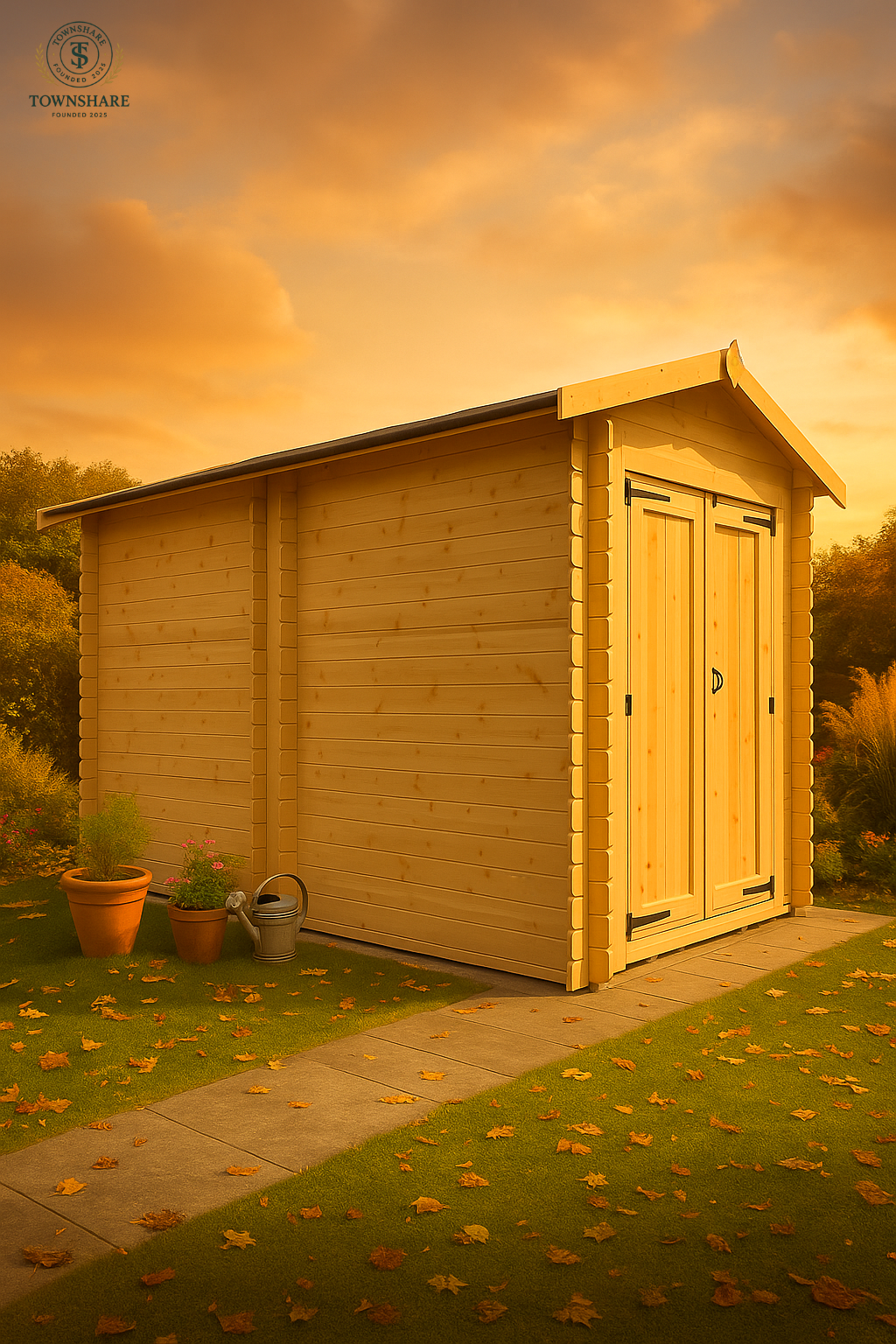 Kingswell wooden garden cabin with fully boarded double doors, interlocking log walls, and black felt roof beside garden path and plants on an Autumn day