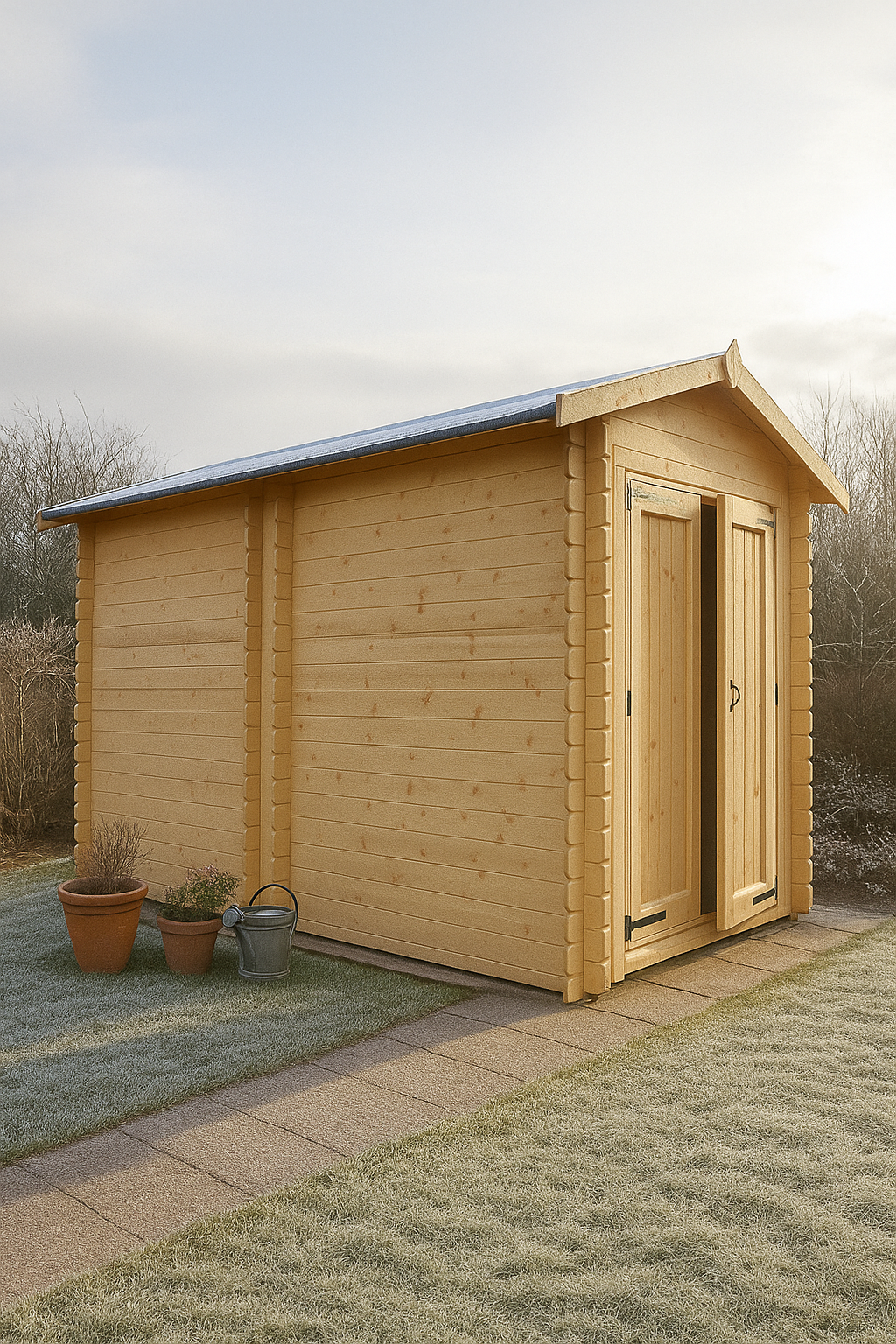 Kingswell wooden garden cabin with fully boarded double doors, interlocking log walls, and tiled roof on grassy area