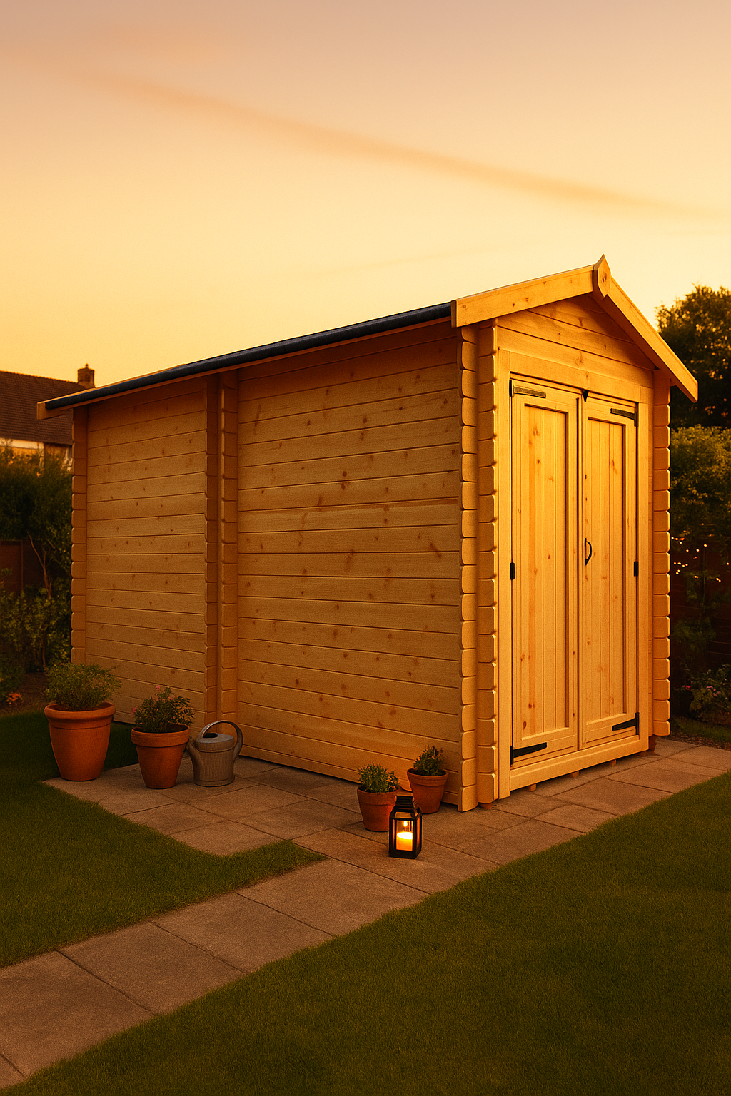 Kingswell wooden garden cabin with fully boarded double doors, interlocking log walls, potted plants, and lantern on patio at sunset