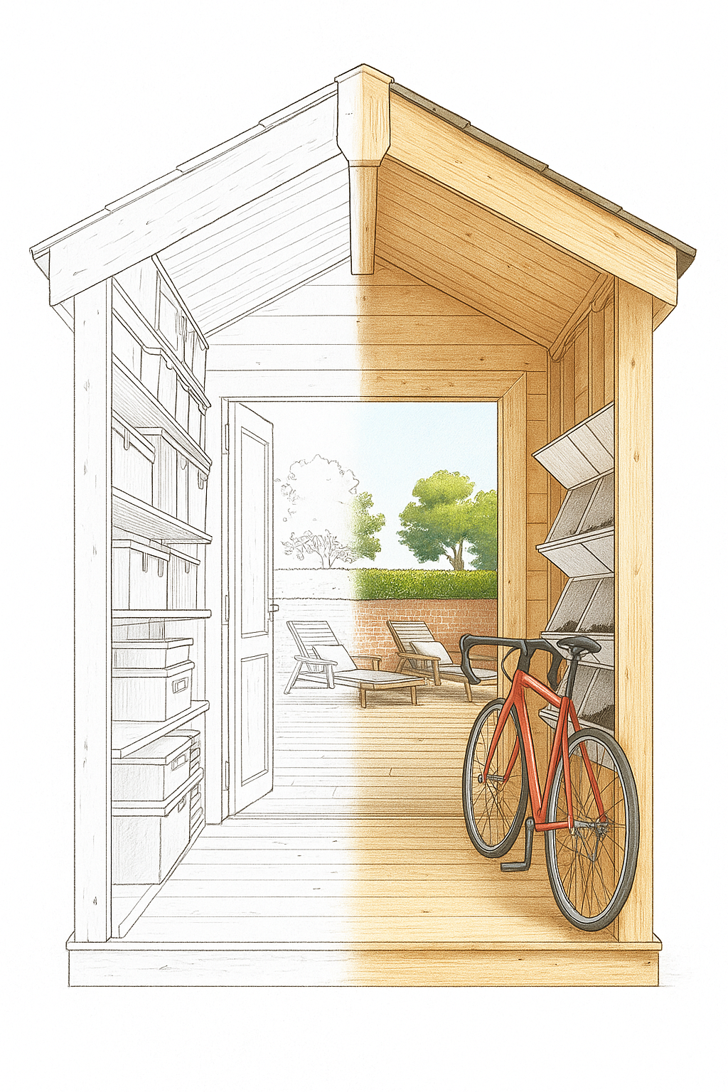 Hybrid wooden garden cabin with bicycle inside, half line drawing and half photo cutaway showing interior outline