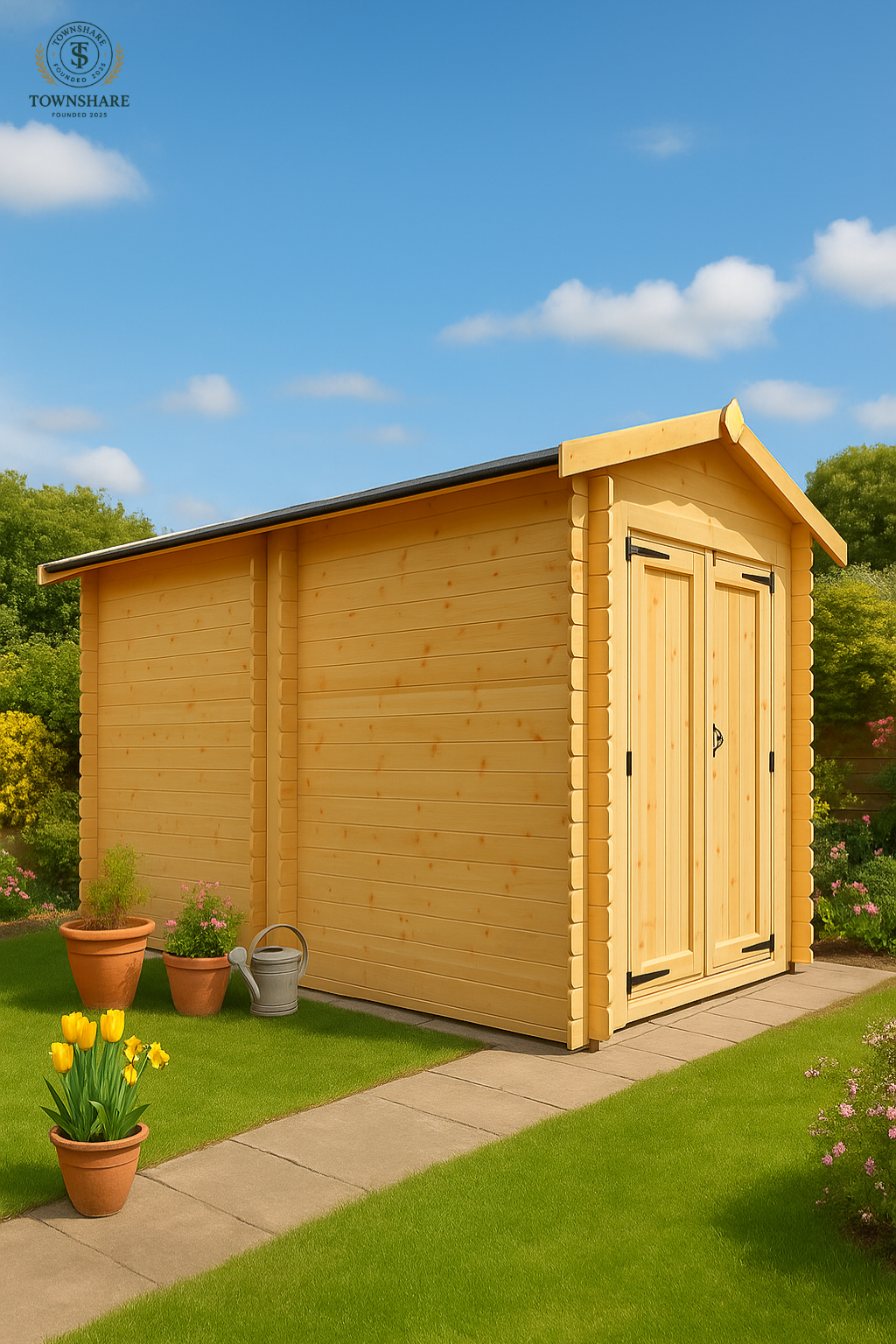 Kingswell wooden garden cabin with fully boarded double doors, interlocking log walls, and black felt roof beside garden path and plants on a Spring day