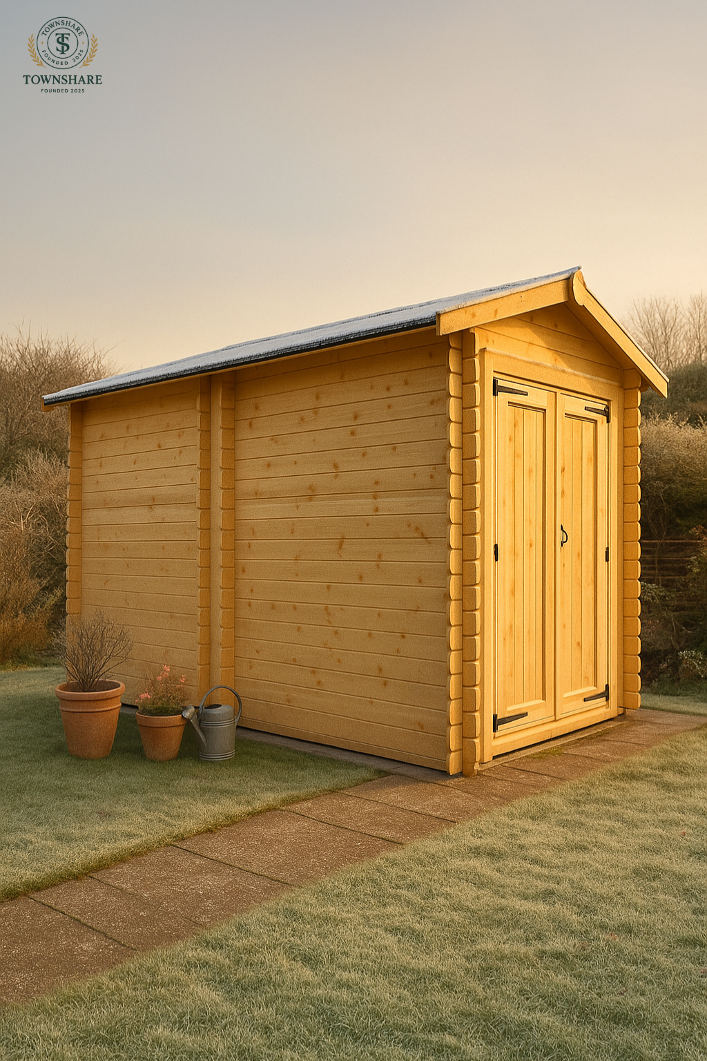 Kingswell wooden garden cabin with fully boarded double doors, interlocking log walls, and black felt roof beside garden path and plants on a Winters day