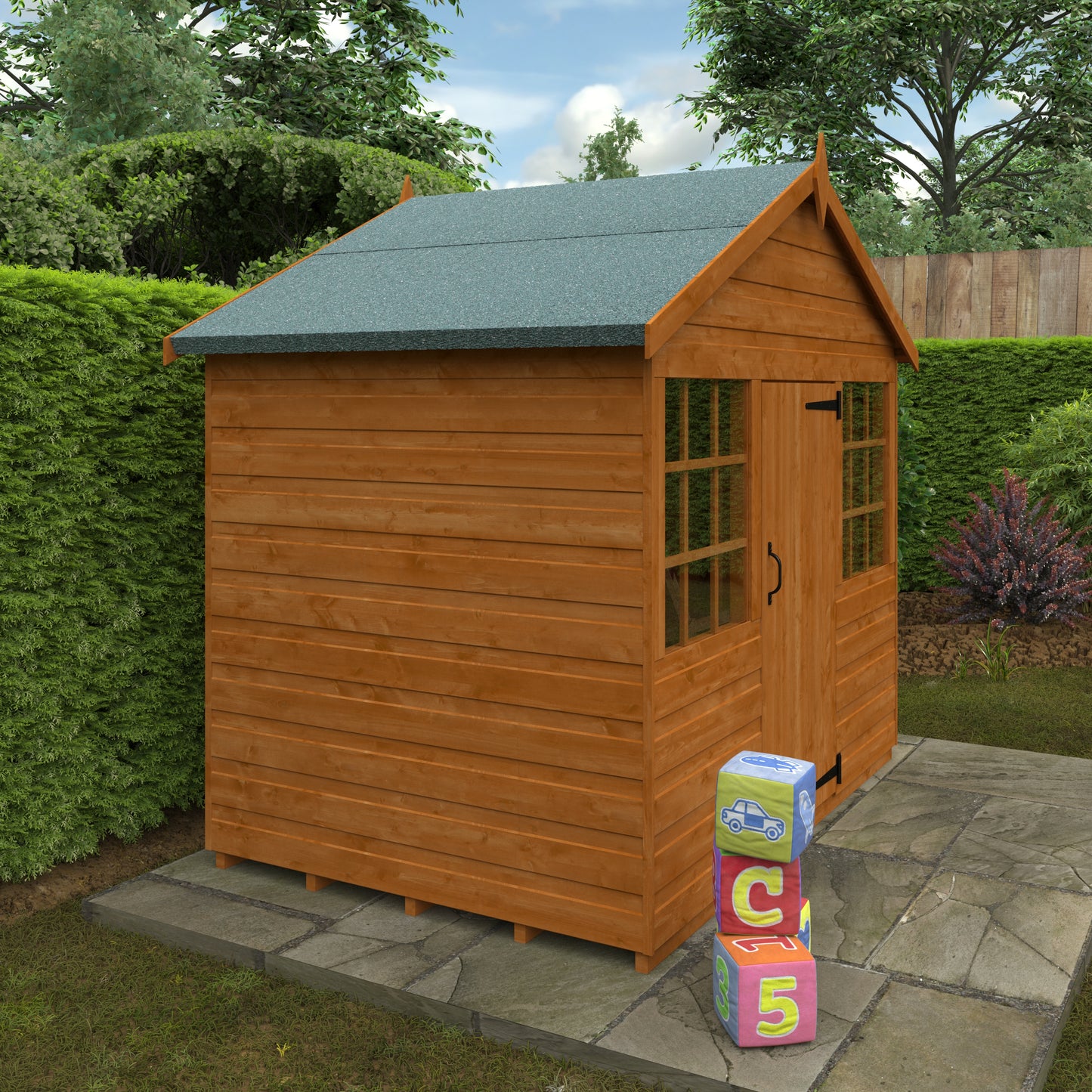 Little Haven wooden children’s playhouse with green roof and Georgian windows in garden setting