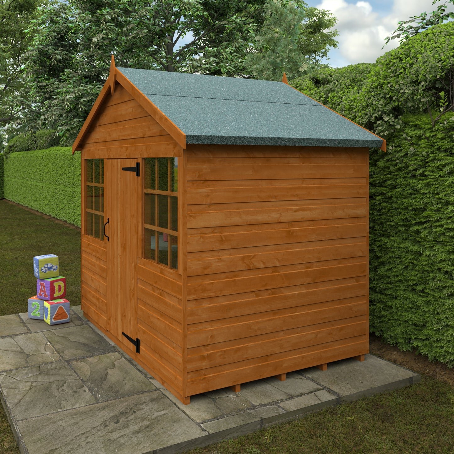 Little Haven wooden children’s playhouse with green roof and Georgian windows in garden setting