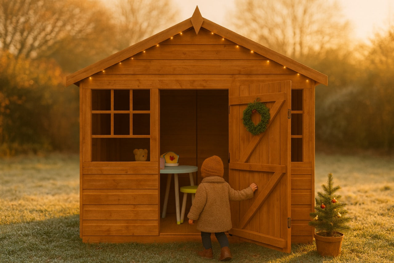 Little Haven wooden children’s playhouse with Georgian windows, child in brown coat opening door on grassy field at sunset