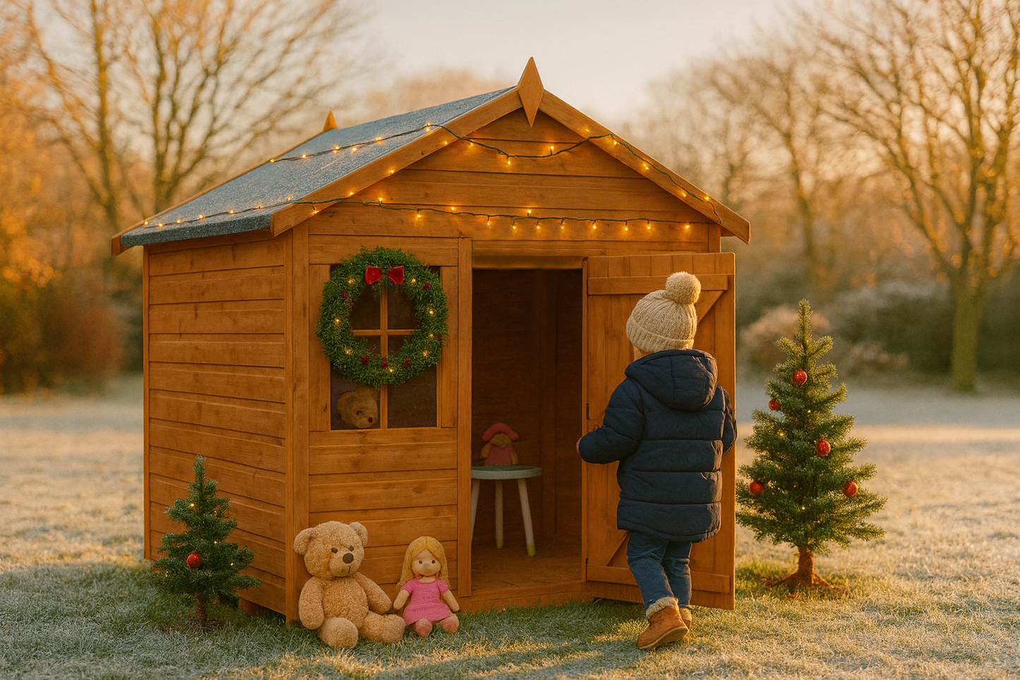 Little Haven wooden children’s playhouse with Georgian windows, Christmas lights, wreaths, small Christmas trees, and toys