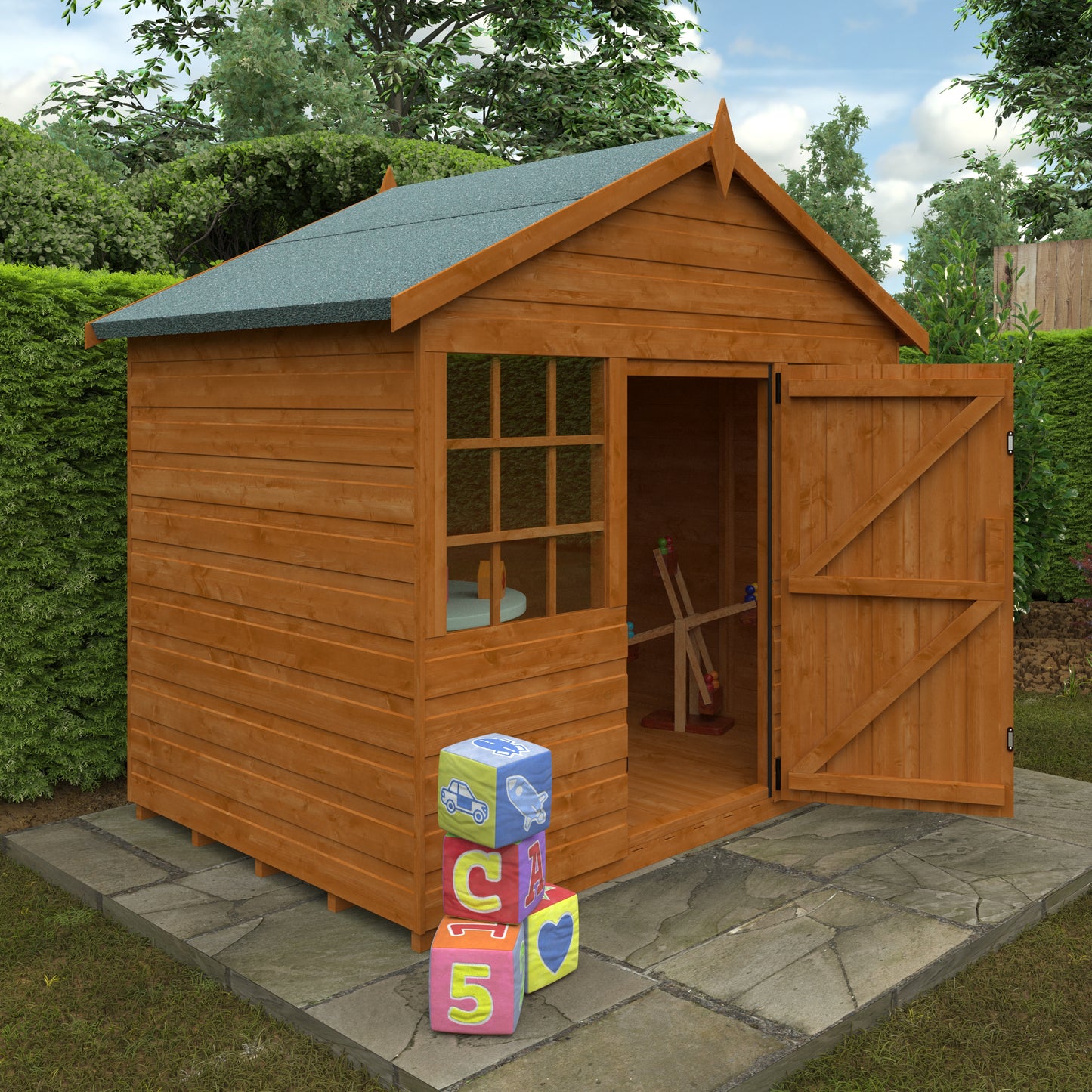 Little Haven wooden children’s playhouse with Georgian windows and open door in garden setting