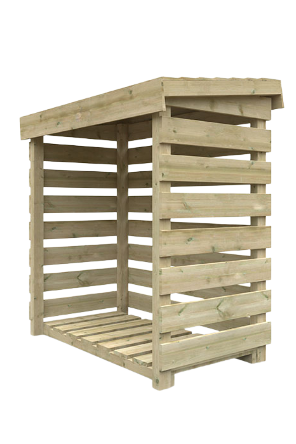 Longford wooden log store with slatted timber design and pressure-treated construction on white background